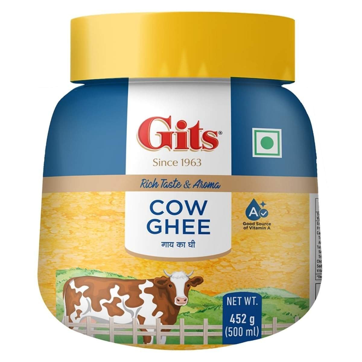 uk61w5-9DOk7L-1.jpg Gits Cow Ghee 500 ml Jar | Pack of 1 | Aroma in every drop |Pure Veg, Pure Cow Ghee, Desi Ghee, No preservatives | Rich Taste & Aroma | Good source of Vitamin A, Delicious, Healthy & Nutritious | Good for Digestion, Heart, Skin and Hair | Homemade taste - Fast UK Delivery - Image 1