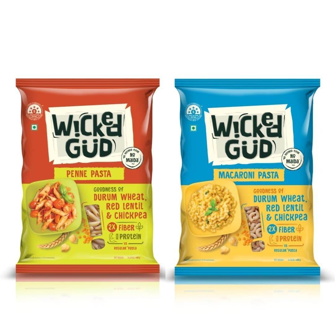 uk61xZMes0umL-1-1.jpg WickedGud 2X Fiber Penne & Macaroni Pasta Combo | No Maida | Durum Wheat Semolina | Brown Rice | Red Lentils | Healthy Diet Pasta - 400gm x 2 - Fast UK Delivery - Image 1