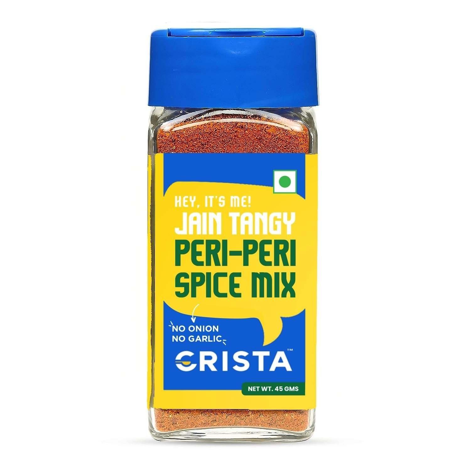 uk61xerm8k30L-1-1.jpg CRISTA Jain Tangy Peri-Peri Spice Mix with No Onion and Garlic, Multi-purpose Seasoning, Trans Fat Free, Vegan Zero added Colours, Fillers, Additives & Preservatives - 45 gms - Image 1