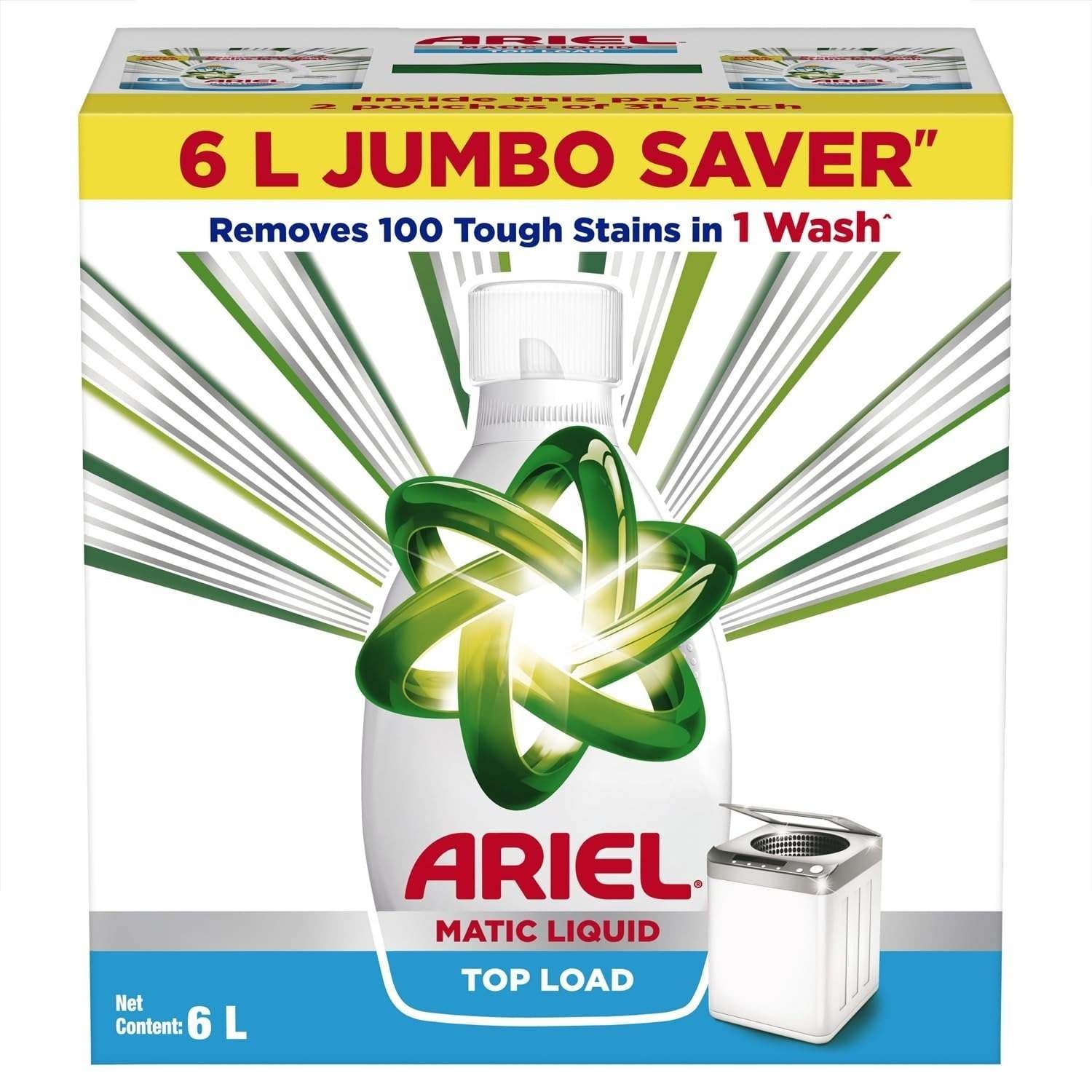 uk71-SHbqeqL-1.jpg Ariel Liquid Detergent Top Load - 6L Jumbo Saver | Removes 7 day dried-in Stains in 1 wash inside Washing Machine | Now at Price of Powders | Amazing Fragrance | Protects Colours | Dissolves Faster - Fast UK Delivery - Image 1
