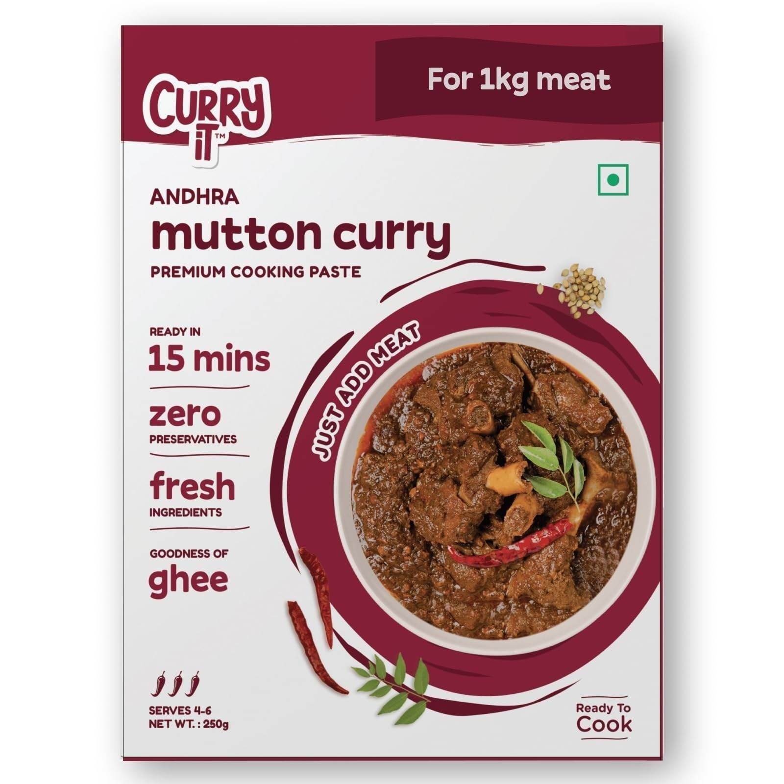 uk71-jfpKTWXL-1-1.jpg CURRYiT Andhra Mutton Masala Curry Paste 250g | Ready to Cook in 15 mins | Serves 6 | Just add Fresh Chicken, Mutton, Meat, Fish | Made with Ghee | No Preservatives | Eat with Rice | Indian Masala Gravy - Fast UK Delivery - Image 1