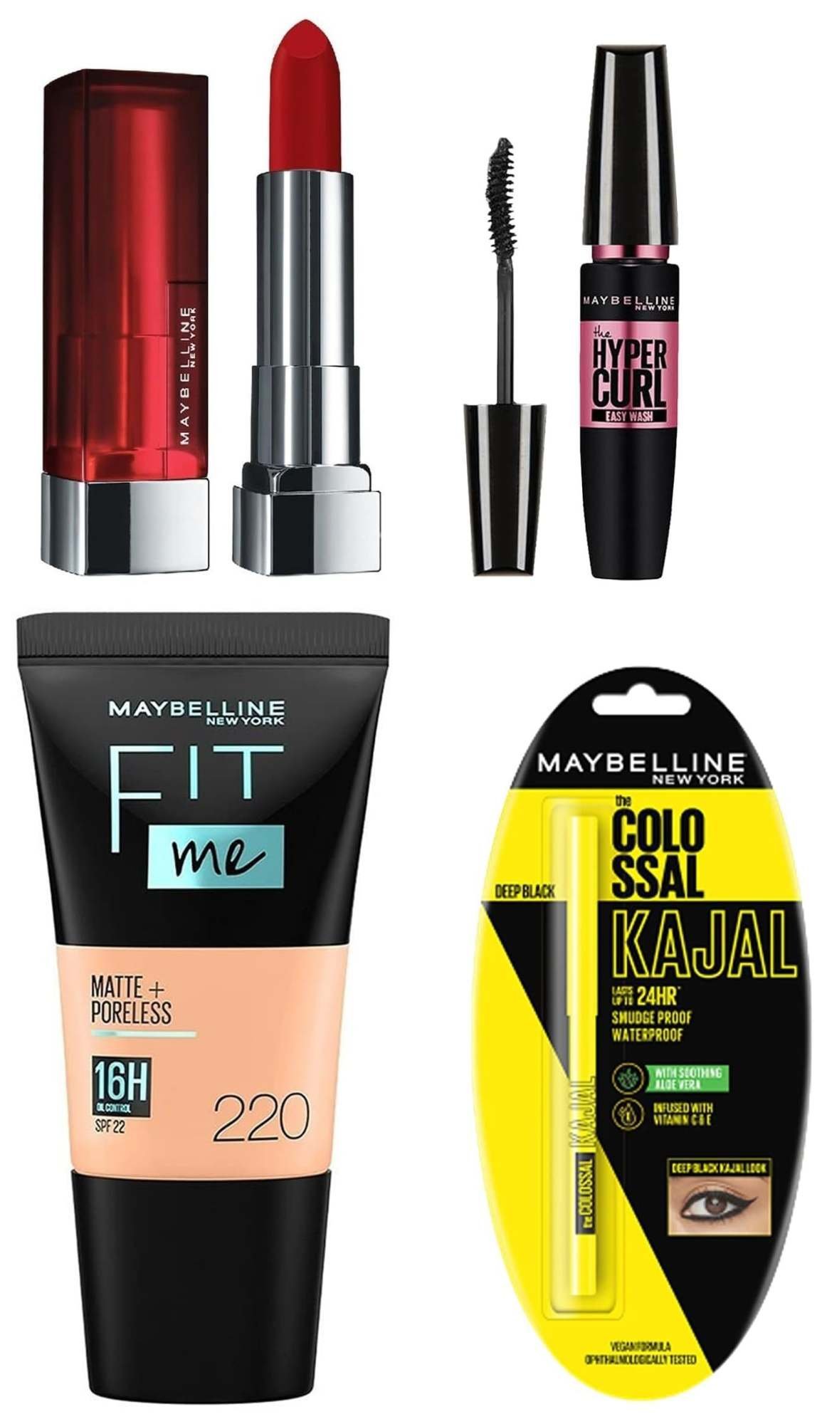 uk71-v-KtaZ2L-1.jpg Maybelline New York Date Night Makeup Kit - Fit Me Foundation Tube Natural Beige + Hypercurl Mascara Washable + Colossal Kajal + Creamy Matte Siren In Scarlet, 1 Count - Fast UK Delivery - Image 1