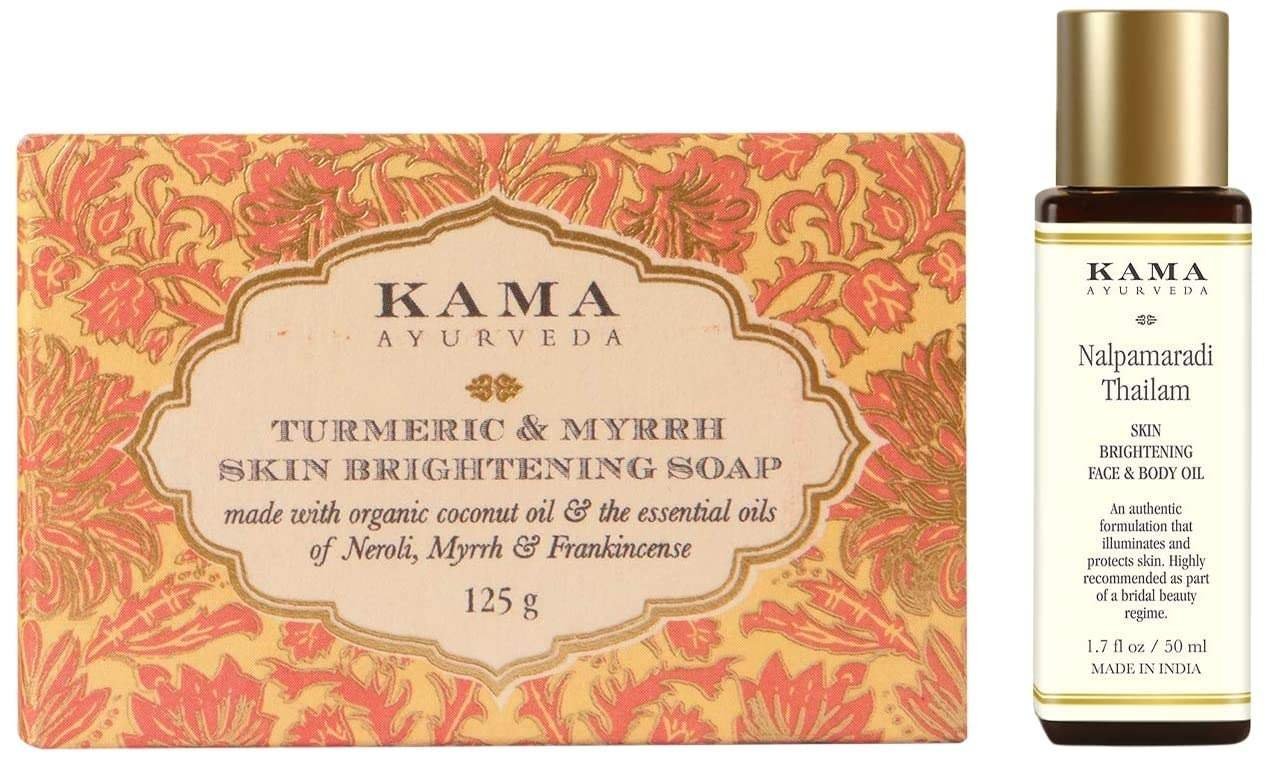 uk711Mqu3E-NL-1-1.jpg Kama Ayurveda Turmeric and Myrrh Skin Brightening Soap, 125g & Kama Ayurveda Nalpamaradi Thailam Skin Brightening Treatment- 50 ml - Fast UK Delivery - Image 1