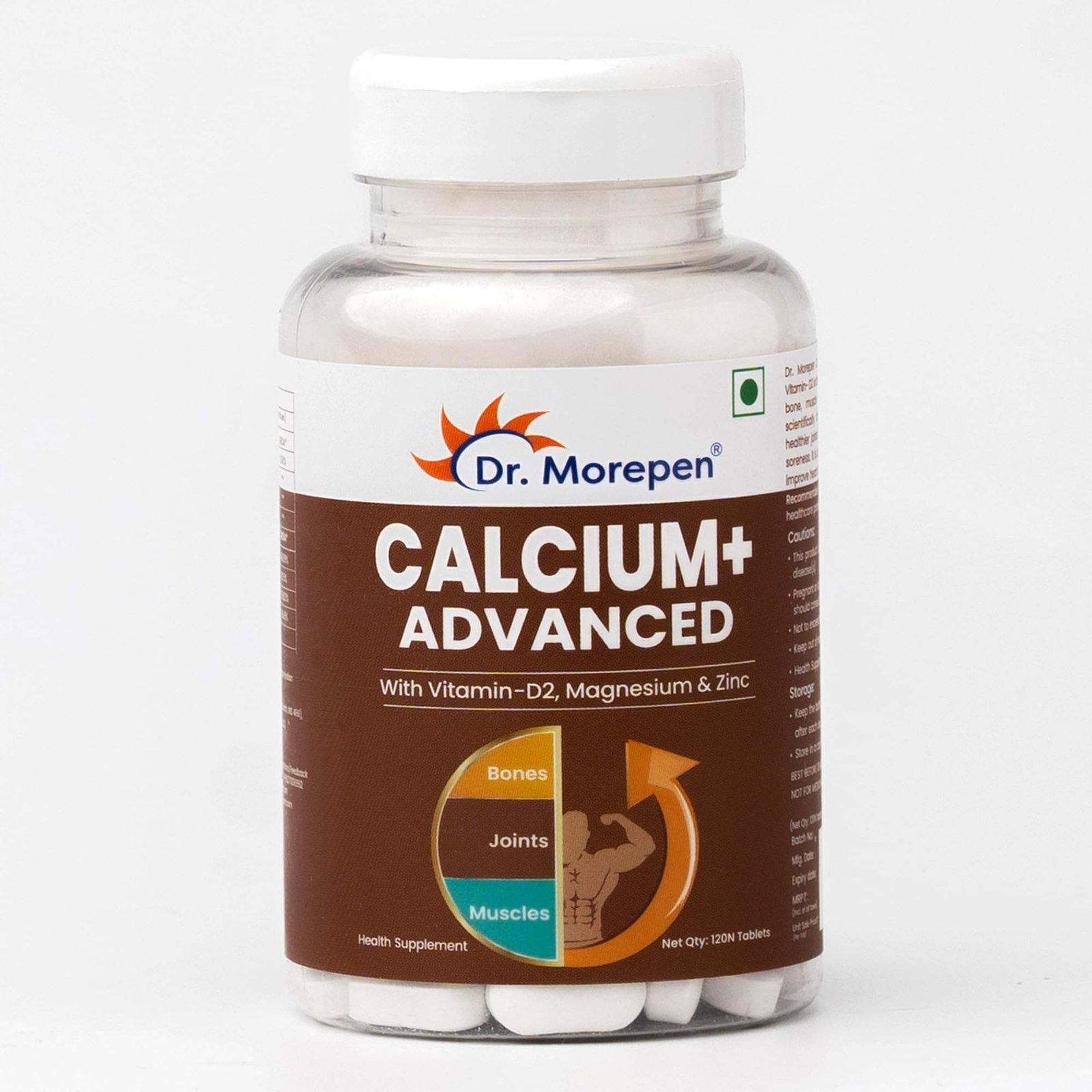 uk7125kqXeRDL-1-1.jpg Dr. Morepen Calcium+ Advanced Tablets with Vitamin - D2, Magnesium & Zinc - 120 Veg Tablets for Women & Men Calcium & Vitamin D Tablets to support Strong Bones, Joints & Muscles - Fast UK Delivery - Image 1