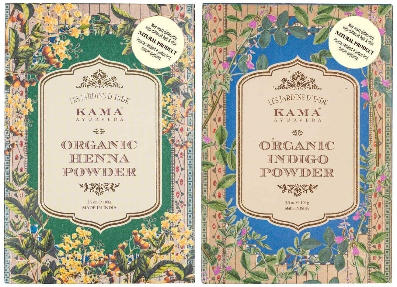 uk7145hRfWLIL-1-1.jpg Kama Ayurveda Organic Henna Powder & Organic Indigo Powder, 100g each (Pack of 2) - Fast UK Delivery - Image 1