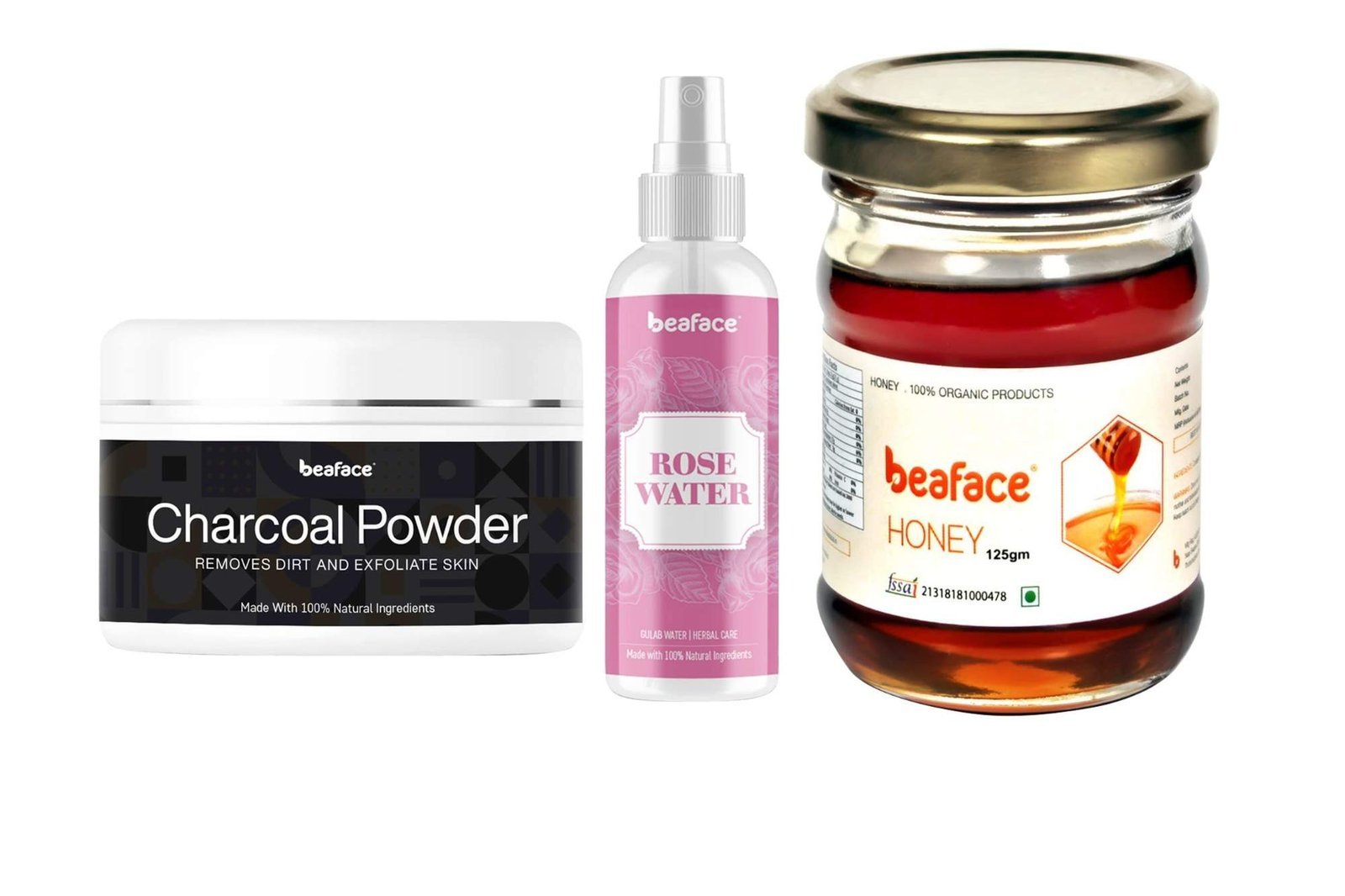 uk715qBwsA2gL-1-1.jpg Beaface Combo Pack Charcoal Activated Powder Skin Cleanser - 100gm | Rosewater for Smooth Glowing Skin -100ml Natural Honey Acne & Pigmentation - 125gm (Pack-3) - Image 1