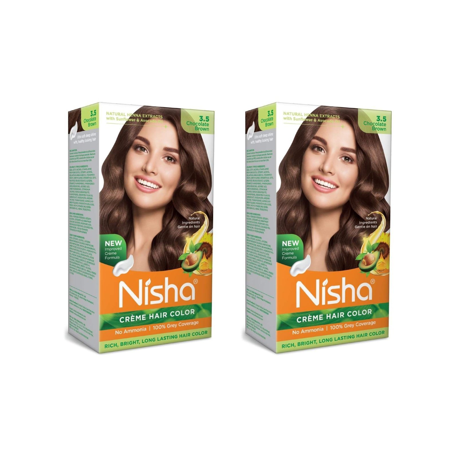 uk715yjM7TZL.jpg Nisha Cream Hair Colour 3.5 CHOCOLATE BROWN (60gm + 60ml + 18ml Nisha Conditioner with Natural Herbs 100% Grey Hair Coverage) Pack of 2 - Fast UK Delivery - Image 1