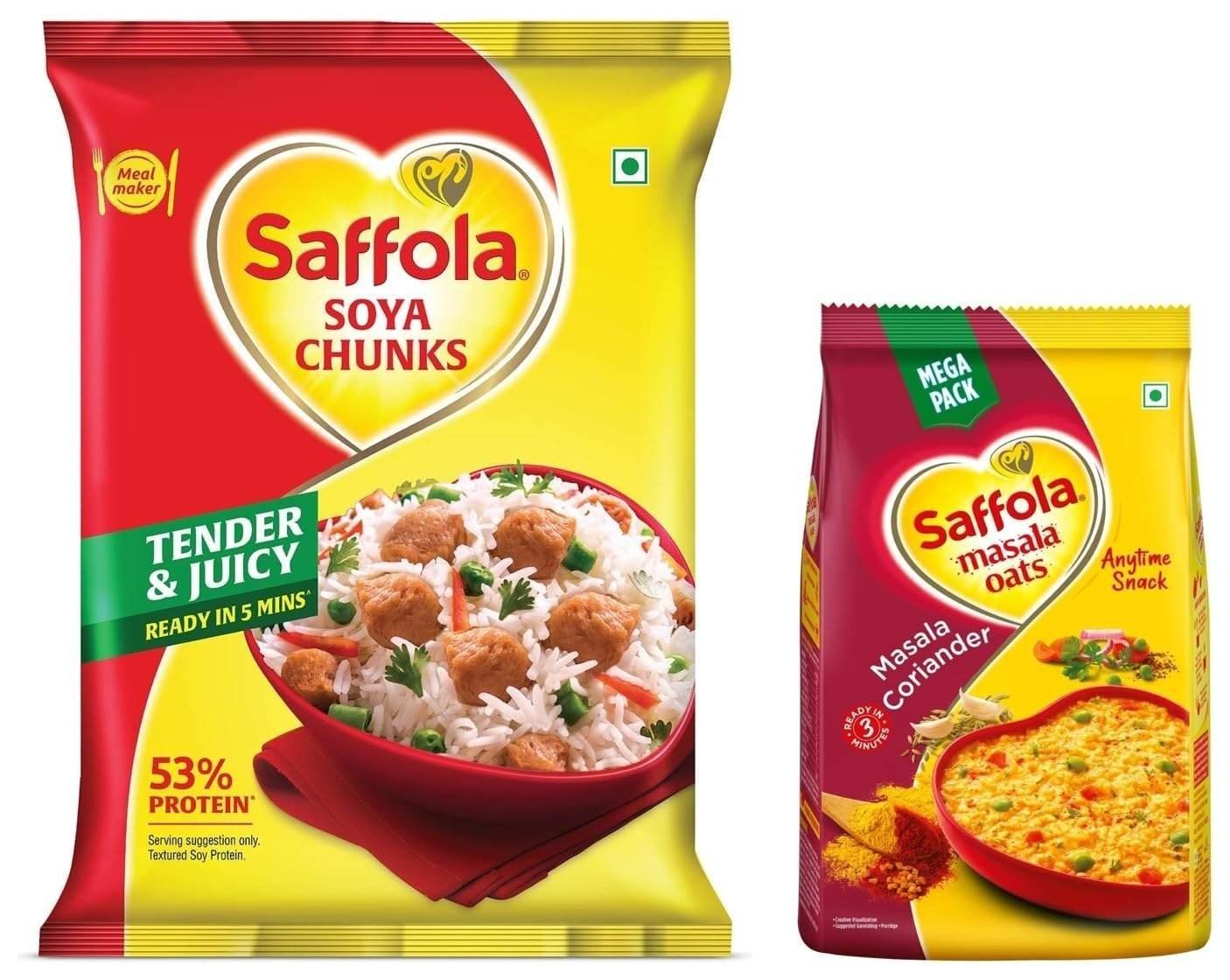 uk716A41CHK3L-1-1.jpg Saffola Masala Oats | Tasty Evening Snack| Healthy Snack| Masala&Coriander| 500g & Saffola Soya Chunks with Supersoft Technology, 53% Protien, Tender & Juicy, 1kg - Fast UK Delivery - Image 1