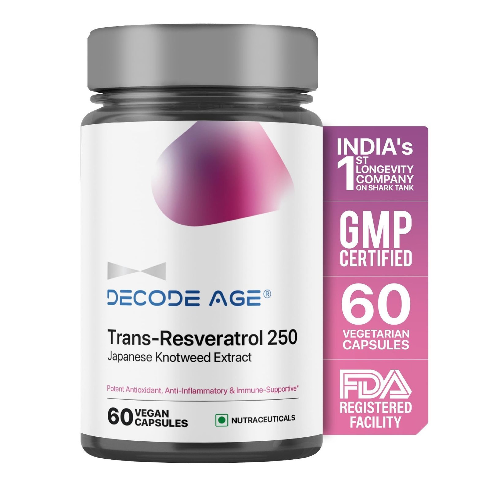 uk716ynXK9XnL-1-1.jpg Decode Age Trans Resveratrol Supplement, Powerful Antioxidant for Anti-Ageing, Anti-Inflammatory,Metabolism & Heart Health, 250mg, 60 Veg Capsules - Image 1