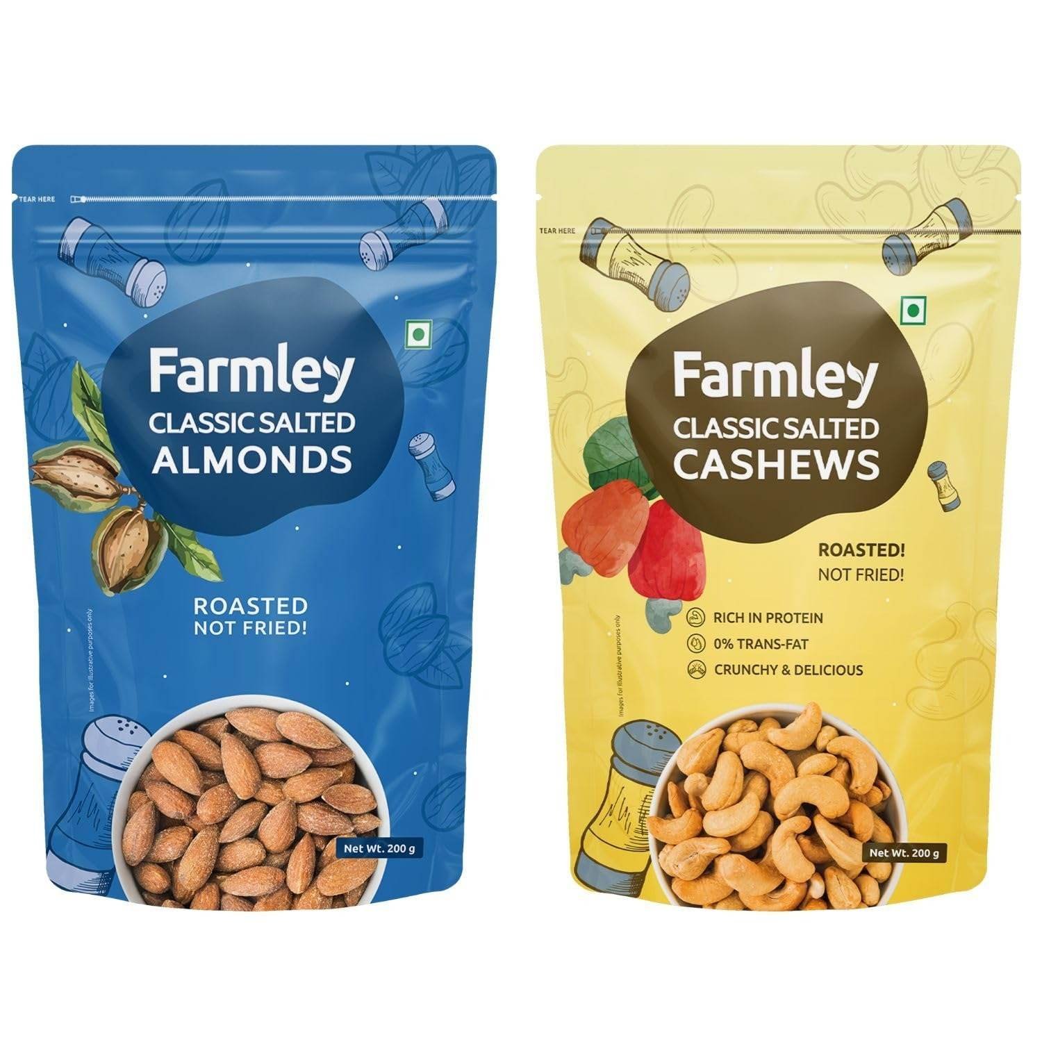 uk7178BzmxHSL-1-1.jpg Farmley Classic Salted Roasted Cashews 200g & Roasted Almonds 200g Dry Fruits Combo Pack - Fast UK Delivery - Image 1
