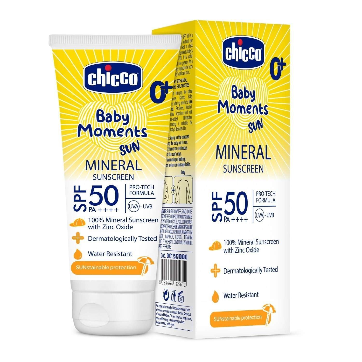 uk717bVHmBPQL-1.jpg Chicco Baby Moments Mineral Sun Cream SPF 50 for Babies, 75g| 100% Mineral Sunscreen | PA++++ | UVA and UVB Protection | Phenoxyethanol, Parabens & Lauryl Sulphates Free - Fast UK Delivery - Image 1
