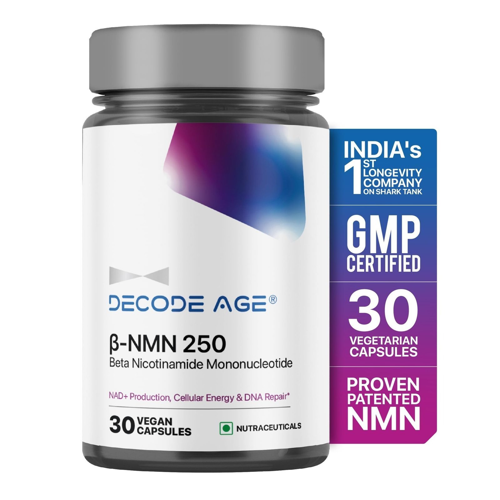 uk717y9-crcML-1-1.jpg Decode Age NMN Supplement, 99.9% Pure Beta NMN, NAD+ Booster for Energy, Cellular Repair & Skin Health, 250mg, 30 Veg Capsules - Image 1