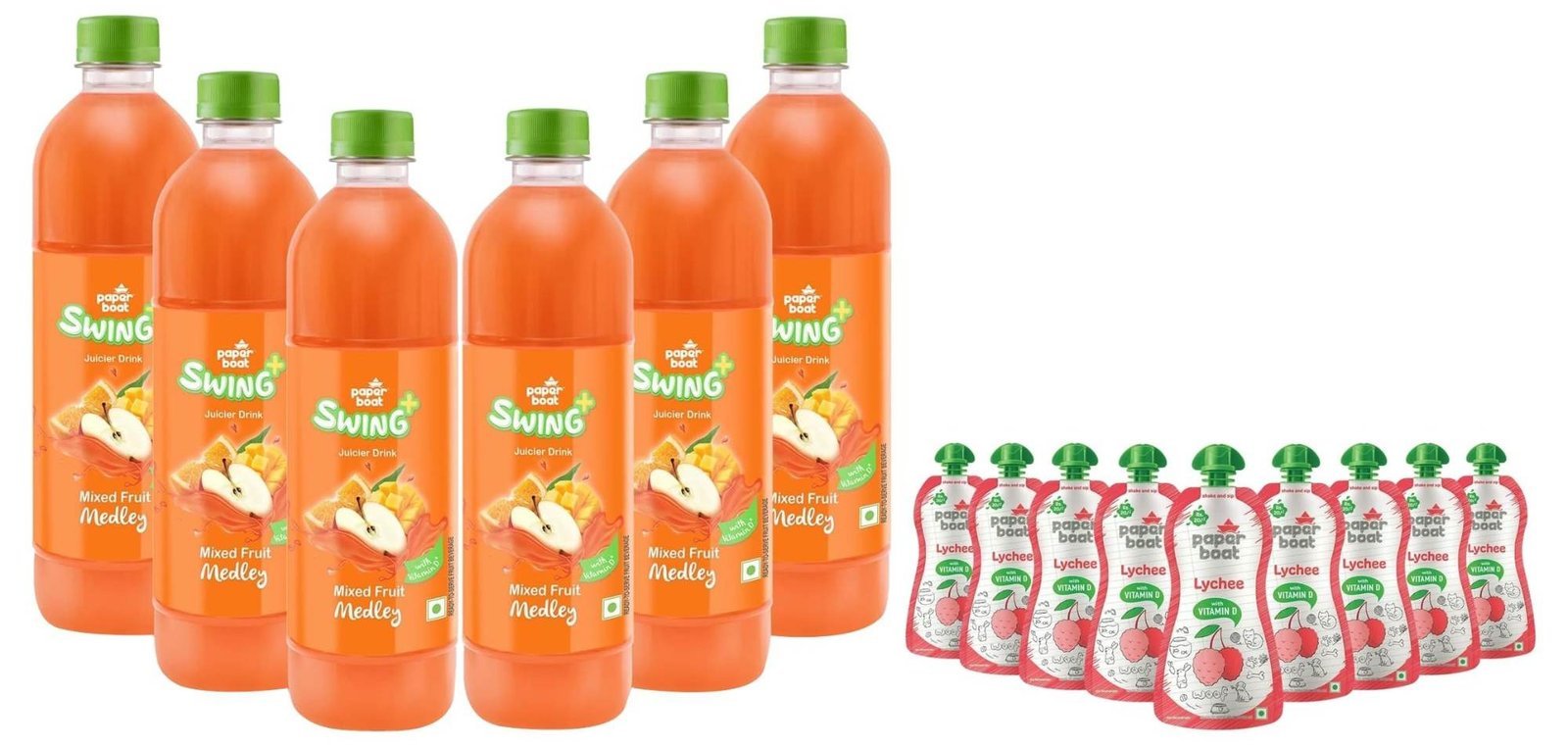 uk7199NqafZL-1.jpg Paper Boat Swing Mixed Fruit Medley Juice with Vitamin D, 600 ml Each - Pack of 6 & Lychee Juice, Litchi Jelly Drink Enriched with Vitamin D (Pack of 9, 150ml each), Pink - Fast UK Delivery - Image 1
