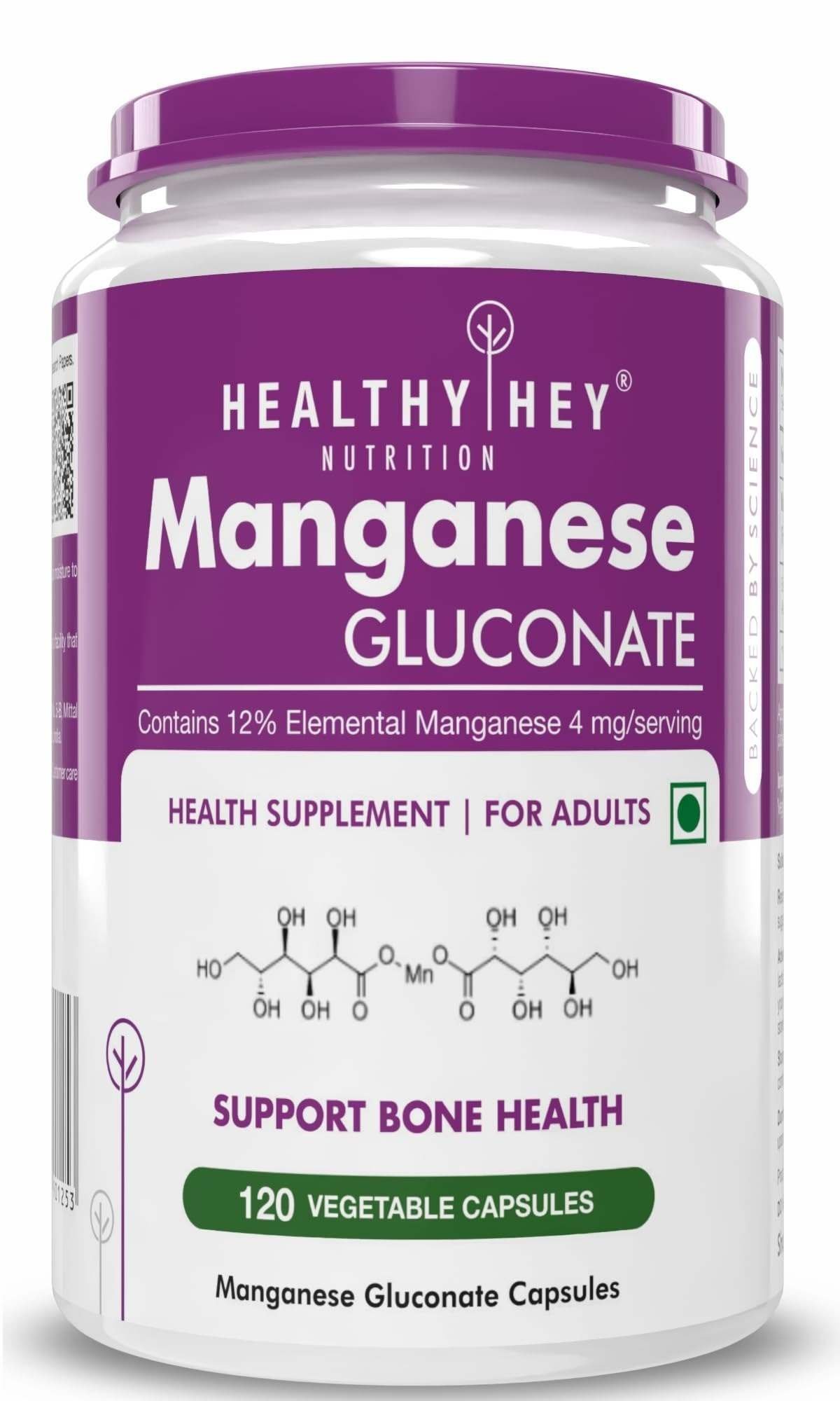uk719Pqag0l9L-1-1.jpg HealthyHey Nutrition Manganese Gluconate - Hypoallergenic Trace Mineral Supplement for Connective Tissue and Bones - 120 Capsules - Fast UK Delivery - Image 1