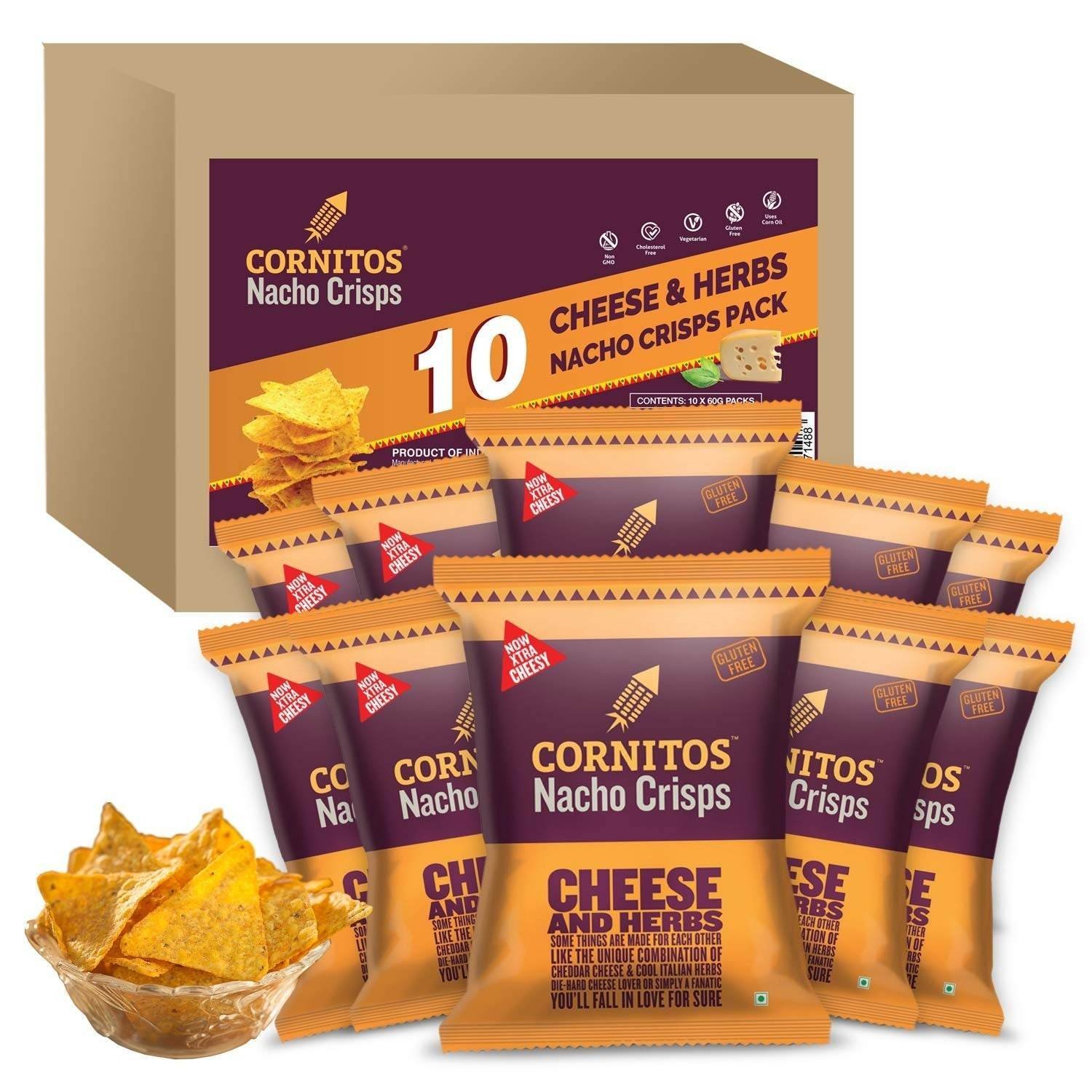 uk71CmxWsbHgL-1-1.jpg Cornitos Cheese and Herbs Nacho Crisps 55 Grams, Pack of 10, x 55 Grams - Fast UK Delivery - Image 1