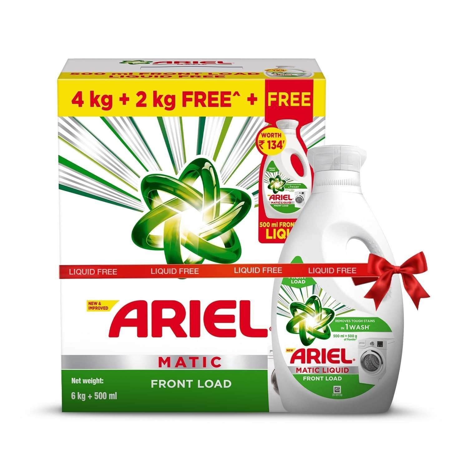 uk71DHb7zIVdL-1-1.jpg Ariel Matic Detergent Powder Front Load - 4kg + 2kg + 500ml Liquid free | Removes 100 Tough Stains in 1 wash | Specially Designed for Washing Machines | Fresh Fragrance - Fast UK Delivery - Image 1