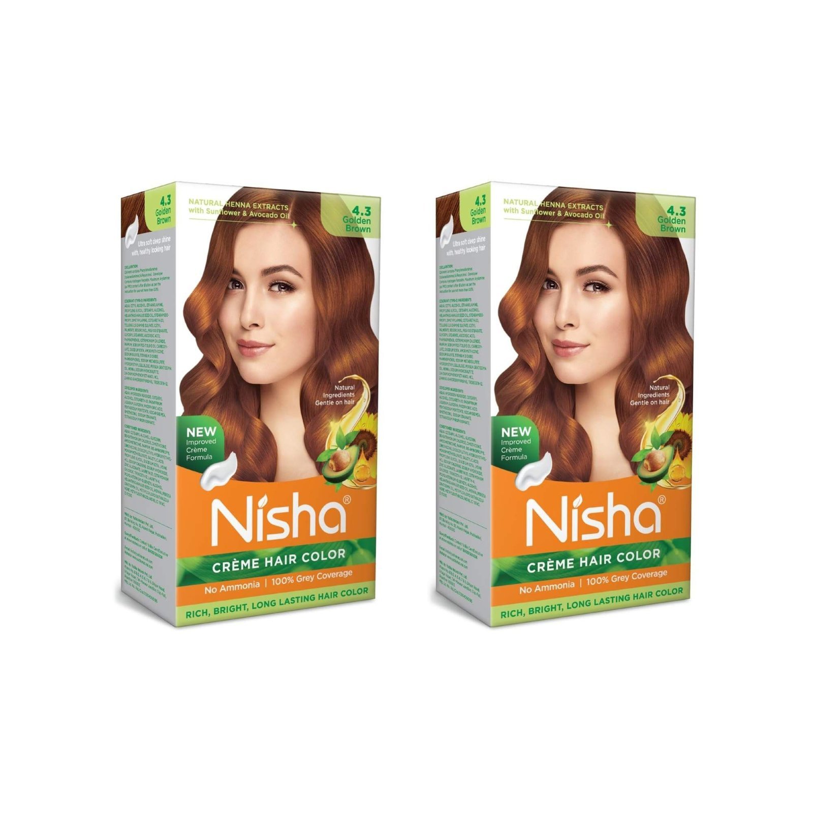 uk71DR5zw9L.jpg Nisha Cream Hair Colour 4.3 GOLDEN BROWN (60gm + 60ml + 18ml Nisha Conditioner with Natural Herbs 100% Grey Hair Coverage Suitable for Hair Highlights) Pack of 2 - Fast UK Delivery - Image 1