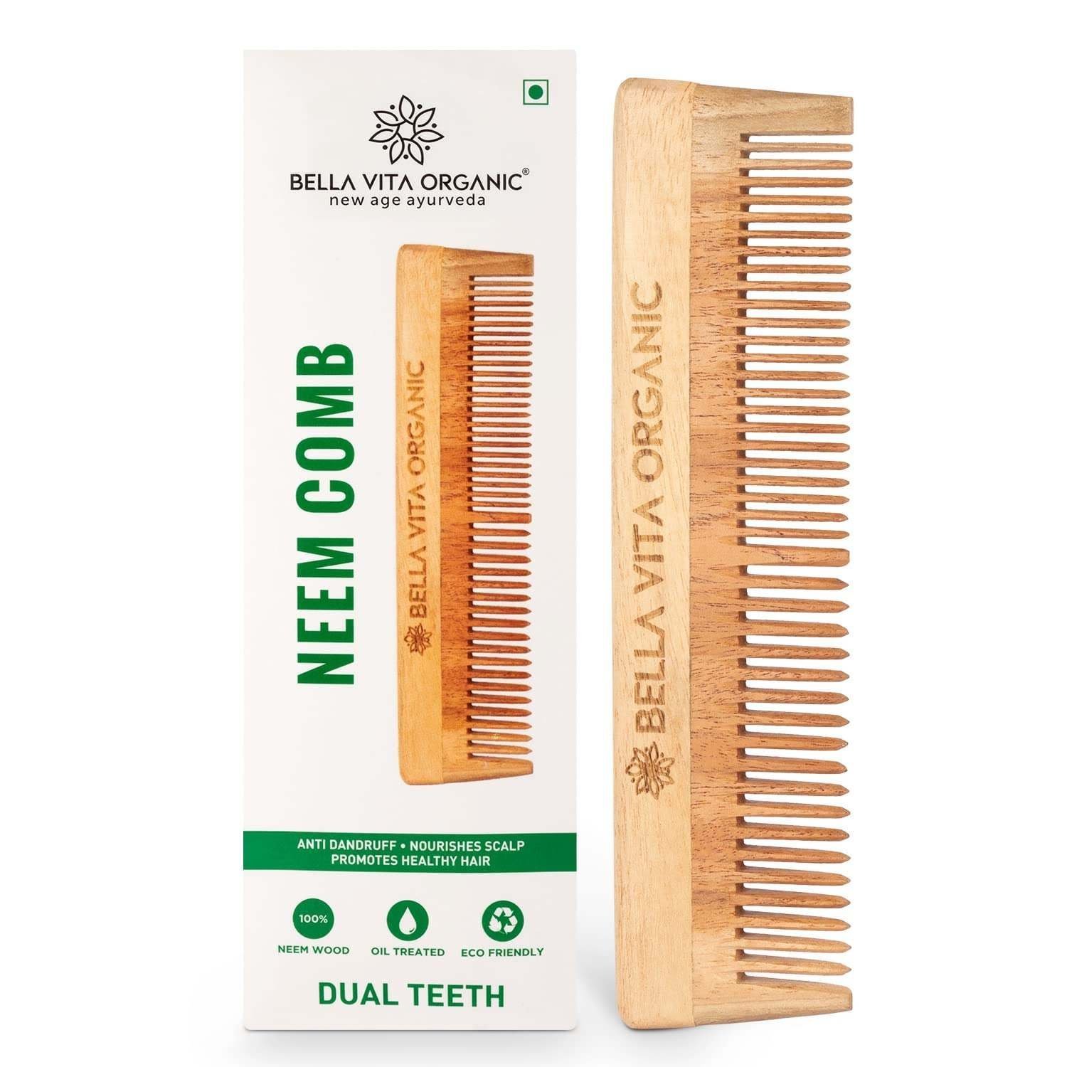 uk71Dmeno18LL-1.jpg Bella Vita Organic Neem Wooden Comb Dual Teeth for Tangle Free Curls, Healthy Scalp, Hair Growth, Hairfall & Dandruff Control for Men & Women Medium - Fast UK Delivery - Image 1