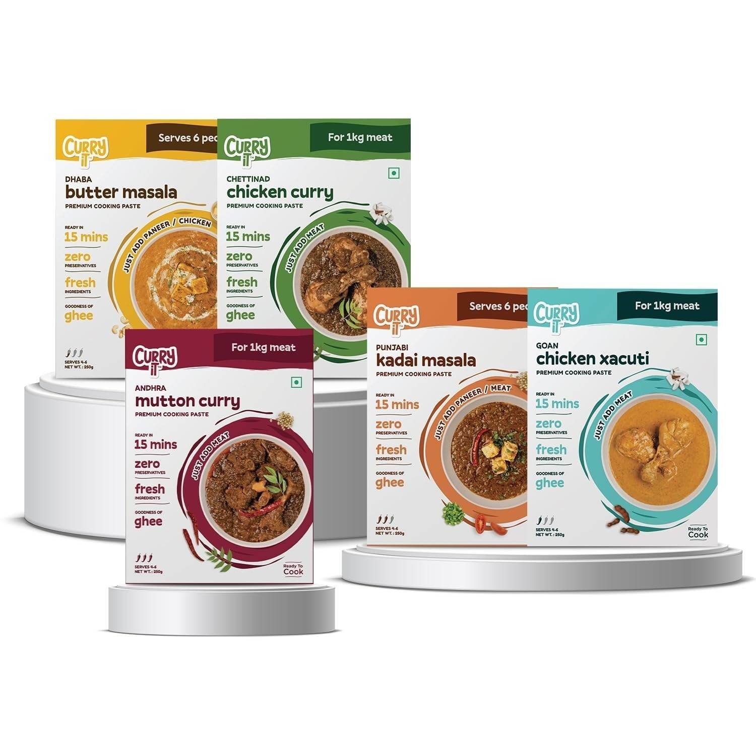 uk71DtgE054lL-1-1.jpg CURRYiT Ready to Cook Chicken Masala Combo (Pack of 5 250g each)|Butter Chicken| Goan Chicken Xacut| Andhra Mutton | Chettinad Chicken & Punjabi Kadhai | Add Chicken | Made with Ghee| Ready in 15 Minutes |No Preservatives - Fast UK Delivery - Image 1