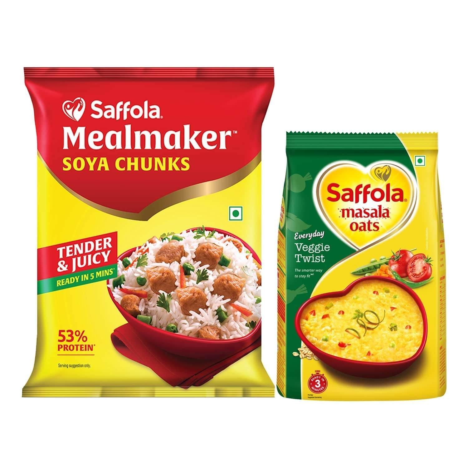 uk71FO7-IRpL-1.jpg Saffola Masala Oats, Tasty Evening Snack, Veggie Twist, 500G & Saffola Mealmaker Soya Chunks With Supersoft Technology, Tender & Juicy, 1 Kg (Pouch) - Fast UK Delivery - Image 1