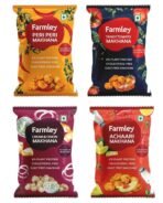 Farmley Roasted Makhana I 204 gram I Peri Peri, Tangy Tomato, Cream & Onion, Achaari (51g each, Pack of 4) | Healthy Makhana Roasted In Olive Oil Snacks (Combo Of 4) - Fast UK Delivery