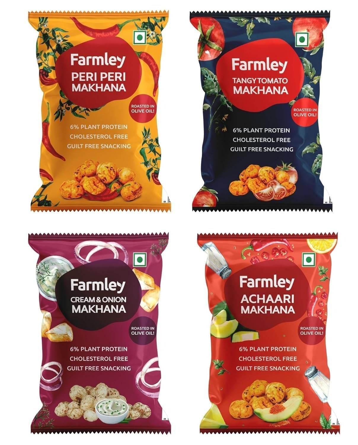 uk71JXiyia0AL-1-1.jpg Farmley Roasted Makhana I 204 gram I Peri Peri, Tangy Tomato, Cream & Onion, Achaari (51g each, Pack of 4) | Healthy Makhana Roasted In Olive Oil Snacks (Combo Of 4) - Fast UK Delivery - Image 1