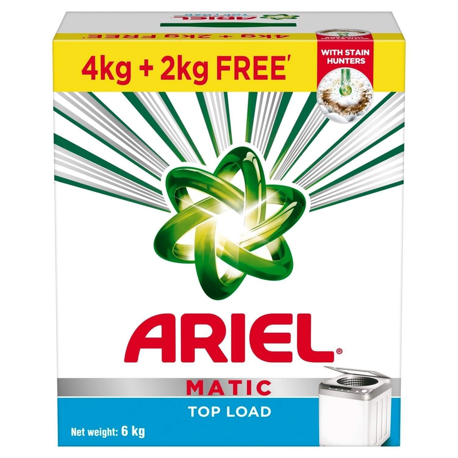uk71KfZwqTbvL-1-1.jpg Ariel Matic Detergent Powder Top Load - 4kg + 2kg free | Removes 100 Tough Stains in 1 wash | Specially Designed for Washing Machines | Fresh Fragrance - Fast UK Delivery - Image 1
