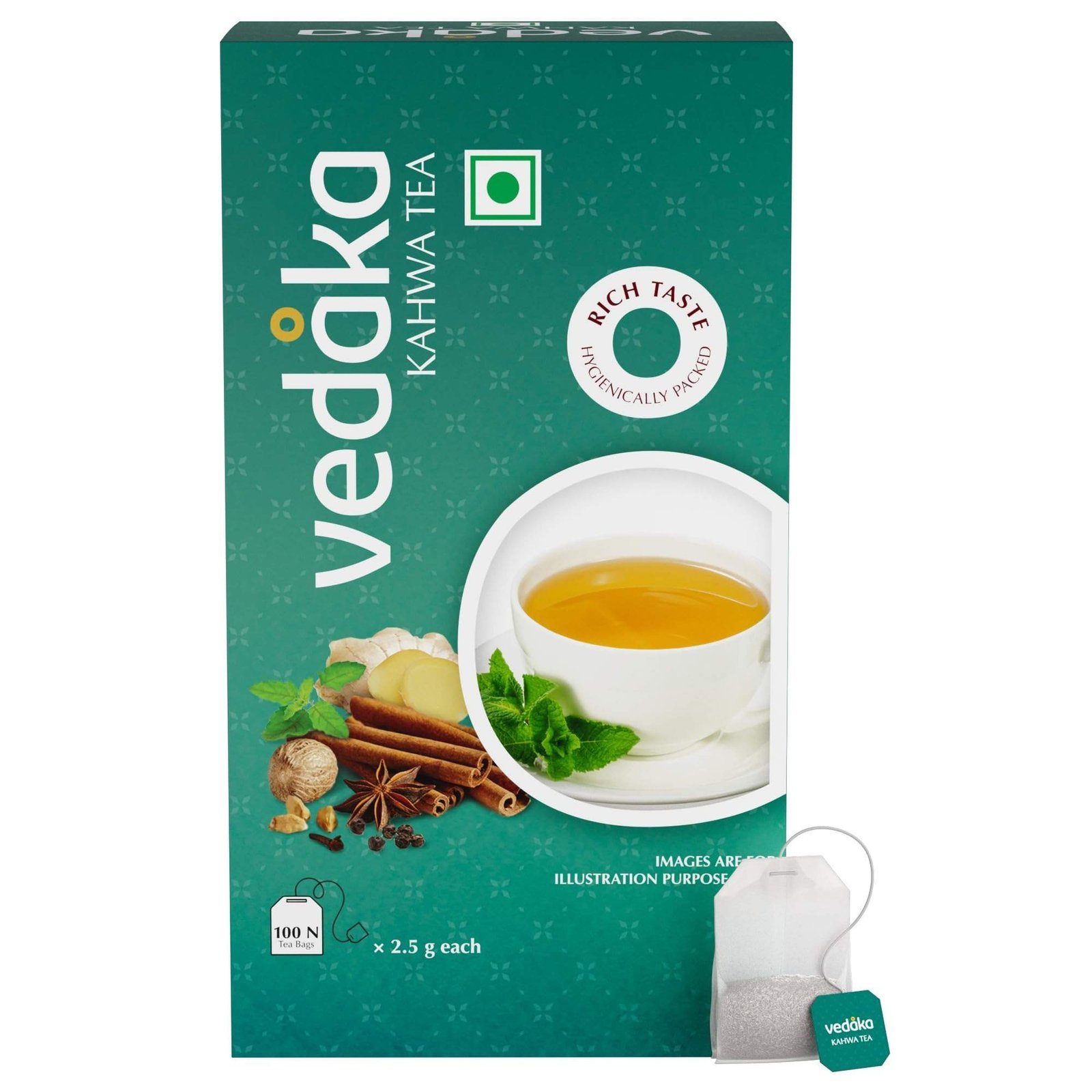 uk71NXh9Zg8mL-1-1.jpg Vedaka Detoxifying Kahwa Tea | 100 teabags | Contains Salt, Ginger, Tulsi, Cinnamon, Black Pepper, Cloves, Nutmeg, Asafoetida & Cardamom Seed | Natural Body Cleanser, 180 gram - Fast UK Delivery - Image 1