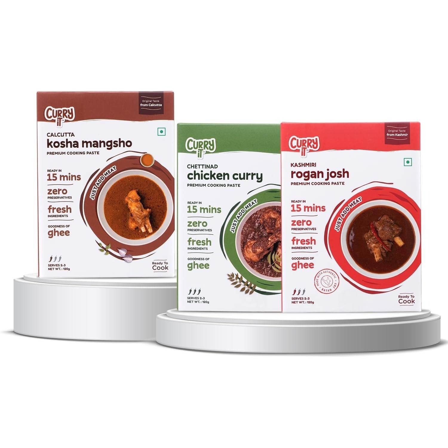uk71PV5rBrjYL-1-1.jpg CURRYiT Taste of India Mini Combo | Chettinad Chicken, Kashmiri Rogan Josh & Calcutta Kosha Mangsho | Ready in 30 Mins | Made with Ghee | Ready To Cook Indian Masala Gravy (Pack of 3-120g Each) - Fast UK Delivery - Image 1