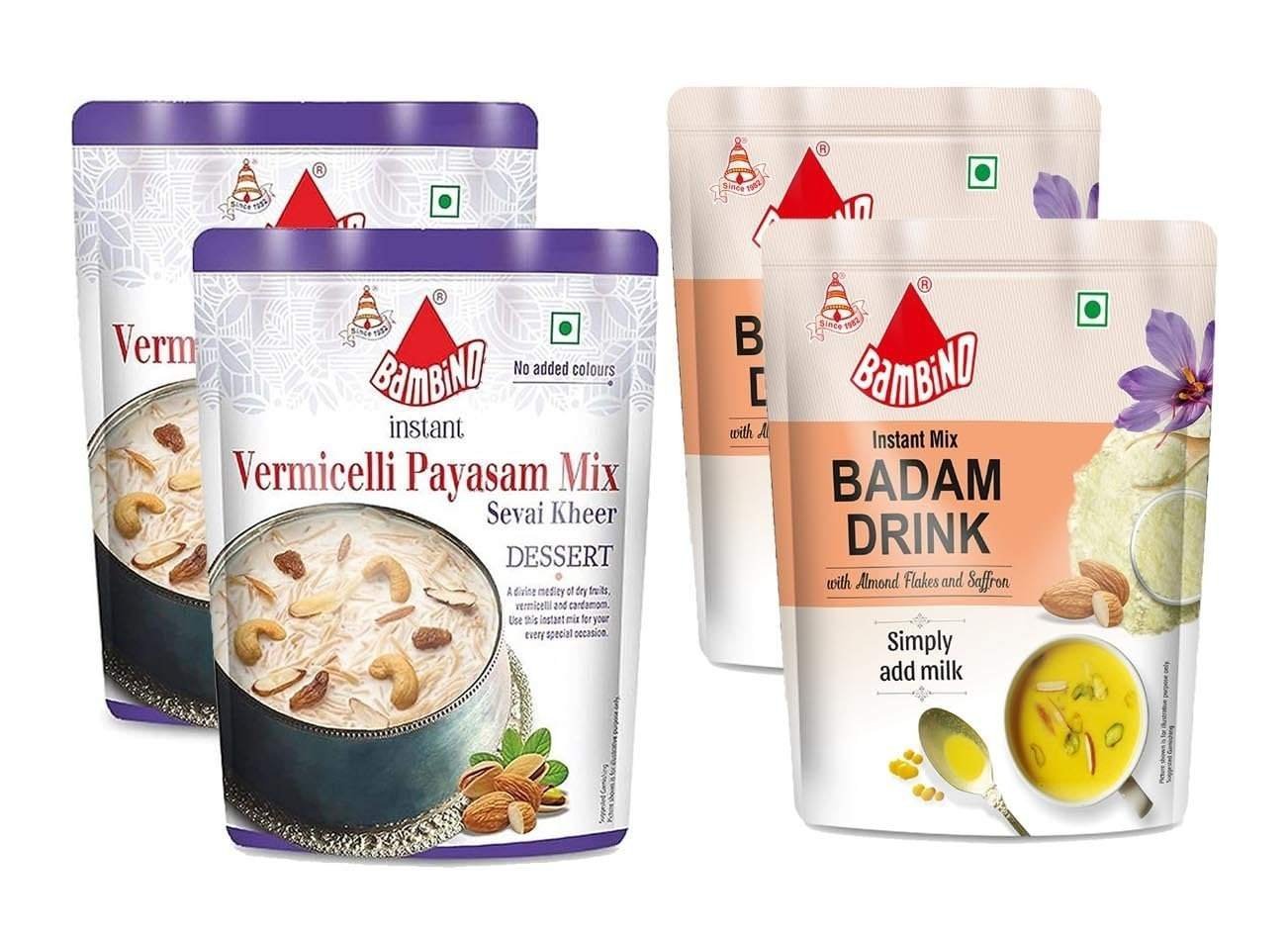 uk71RMppb1jeL-1-1.jpg Bambino Combo Instant Mix's of Badam Drink Mix 200 Gms X Pack of 2 (400 Gms) I Vermicelli Payasam Mix 180 Gms X Pack of 2 (360 Gms) - Fast UK Delivery - Image 1
