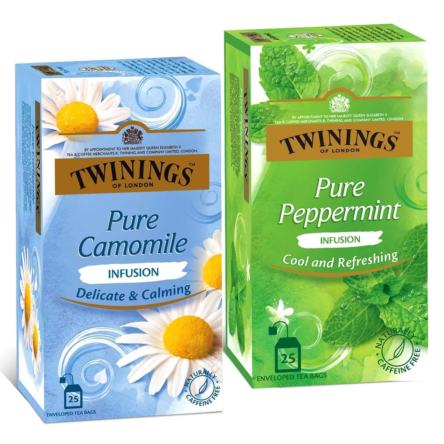 uk71RtVBcirnL-1.jpg Twinings Pure Camomile & Pure Peppermint Tea, Herbal Infusion Two Tea Combo Pack, Caffeine Free Herbal Tea for Good Sleep, Stress Relief &Anxiety Sugar-Free, 25 Teabags Each - Fast UK Delivery - Image 1