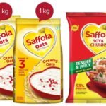 Saffola Oats | Rolled Oats | Delicious Creamy Oats | High Protein & Fibre| 2kg (Pack of 2 x 1kg) & Saffola Soya Chunks with Supersoft Technology, 53% Protien, Tender & Juicy, 1kg - Fast UK Delivery