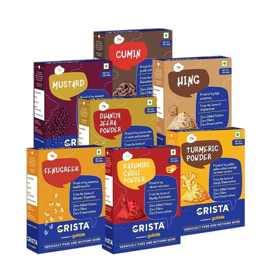 uk71UVyK5cCCL-1-1.jpg CRISTA Masala Spice Box | Mustard x 1 | Cumin x 1 | Fenugreek x 1 | Turmeric Powder x 1 | Dhaniya Jeera Powder x 1 | Hing x 1 | Kashmiri Chilli Powder x 1 | 100 gms each | Pack of 7 - Image 1