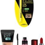 Maybelline New York Date Night Makeup Kit - Fit Me Foundation Tube Sun Beige + Hypercurl Mascara Washable + Colossal Kajal + Creamy Matte Siren In Scarlet, Pack Of 1 - Fast UK Delivery