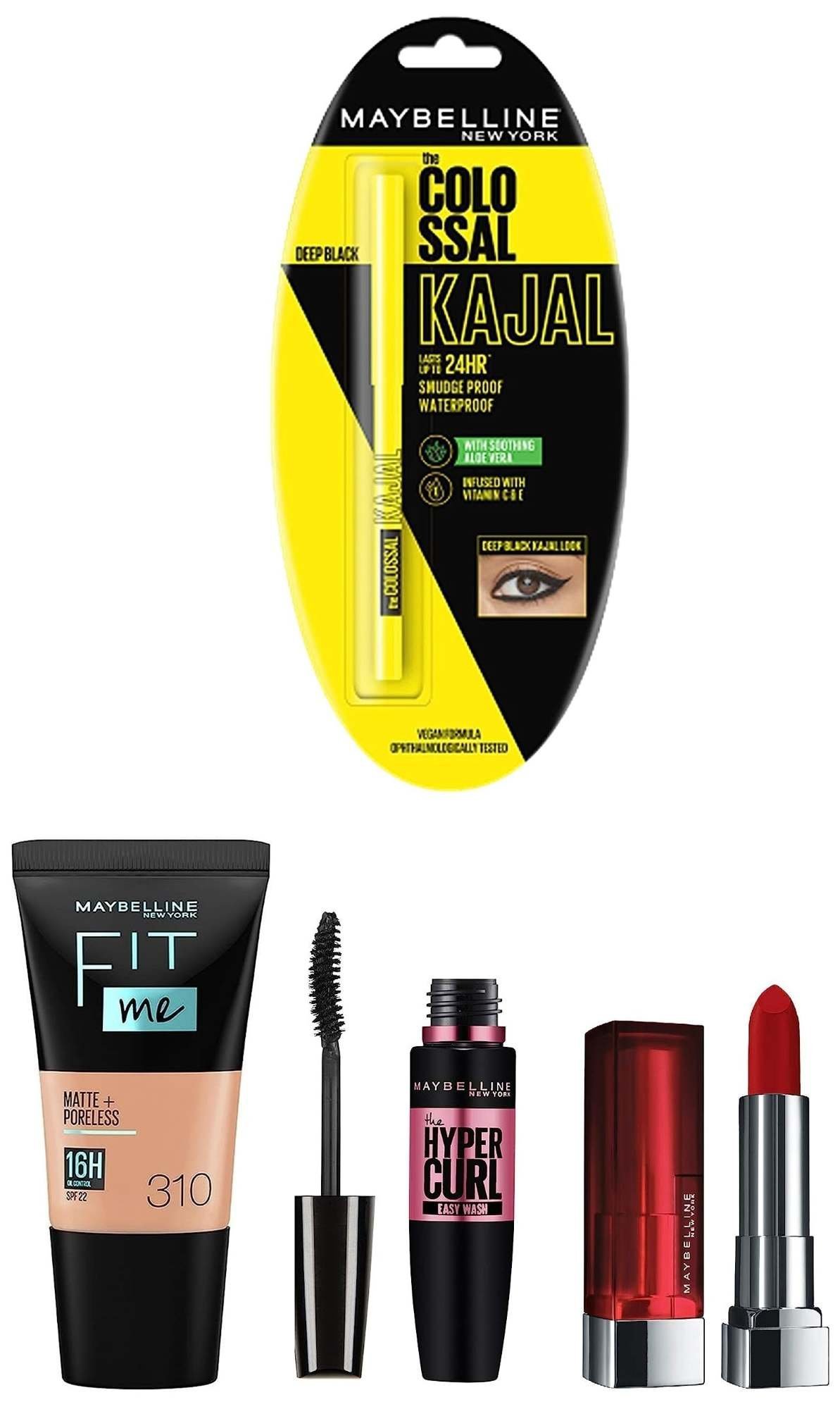uk71YtOfTgaJL-1.jpg Maybelline New York Date Night Makeup Kit - Fit Me Foundation Tube Sun Beige + Hypercurl Mascara Washable + Colossal Kajal + Creamy Matte Siren In Scarlet, Pack Of 1 - Fast UK Delivery - Image 1