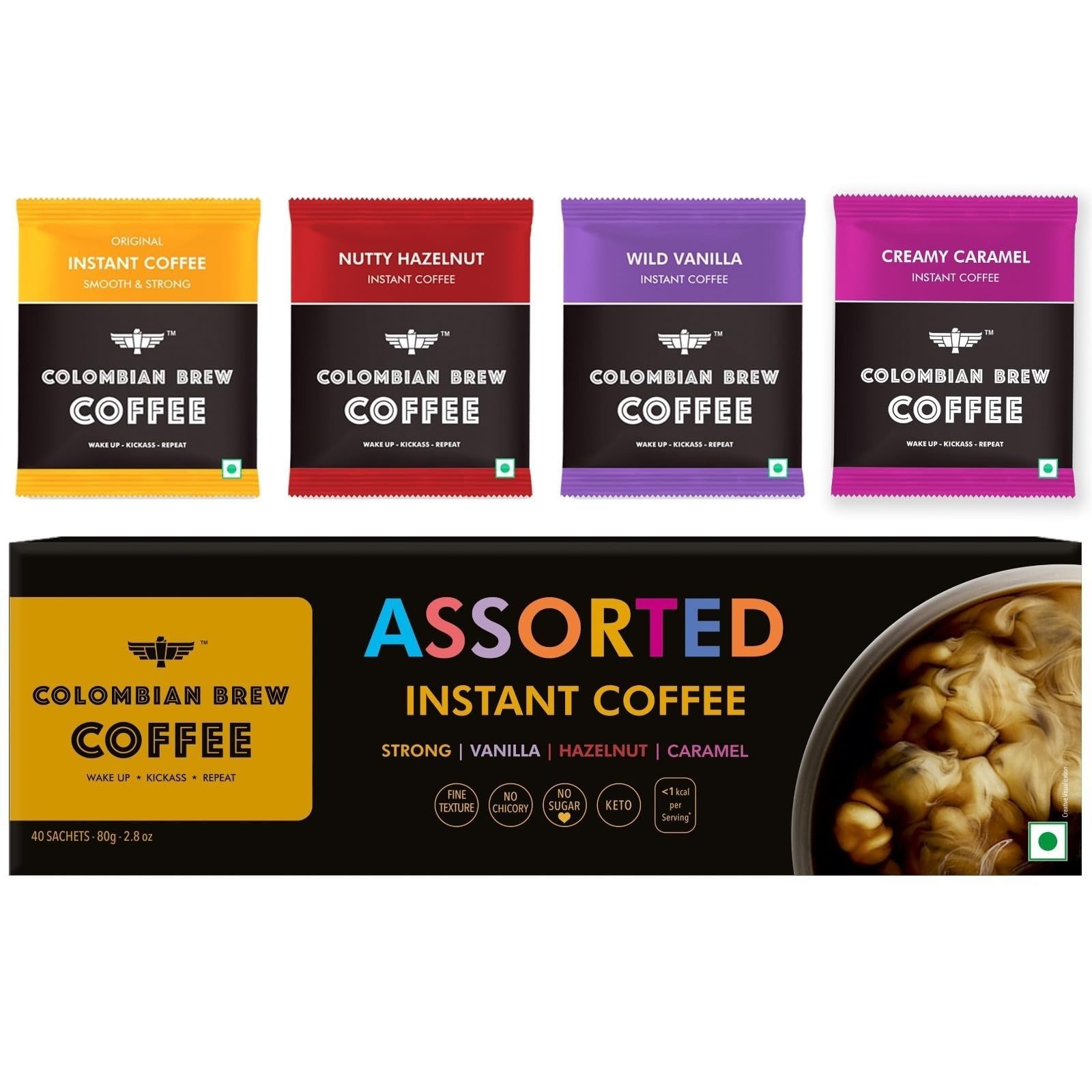 uk71cFjJx58IL-1-1.jpg COLOMBIAN BREW COFFEE Colombian Brew Assorted Instant Coffee Powder Box |Gift Pack Box Diwali, Rakhi| 80Gm|Strong,Vanilla,Hazelnut,Caramel| - Fast UK Delivery - Image 1