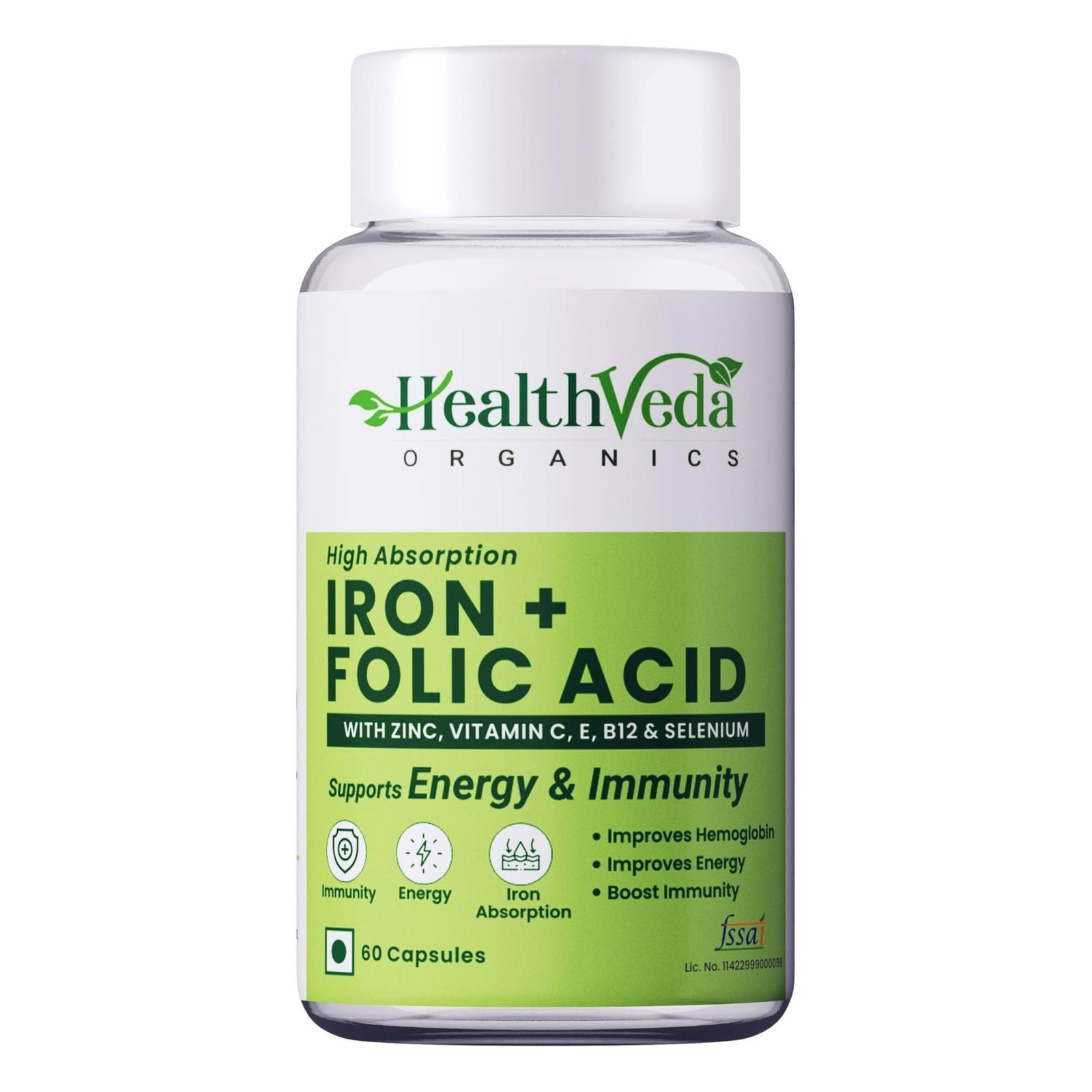 uk71ccjKwnxBL-1-1.jpg HEALTH VEDA ORGANICS PRIVATE LIMITED Chelated Iron Folic Acid Supplement With Zinc, Vitamin C & B12, Zinc & Spinach Leaves | Hemoglobin, Boost Immunity & Maintains Iron Level | 60 Vegan Capsules - Fast UK Delivery - Image 1