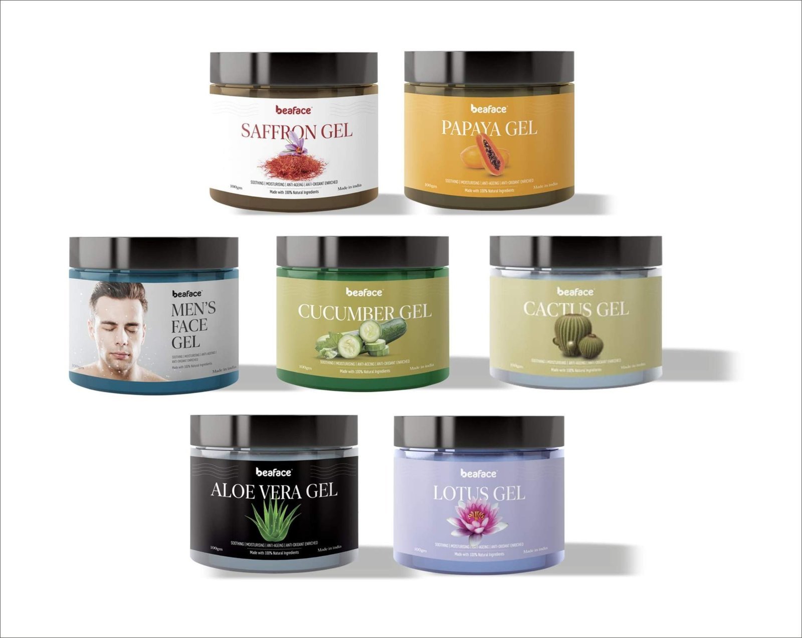 uk71dm9RWbQ7L-1-1.jpg Beaface Combo Pack Aloe Vera Gel/Saffron Gel/Papaya Gel/Cucumber Gel/Cactus Gel/Lotus Gel/Men Gel (100gm pack of 7) - Image 1