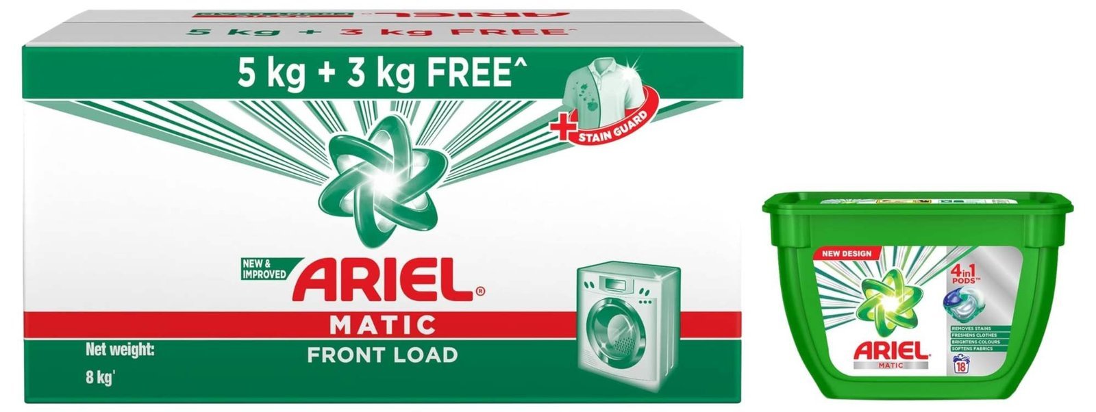 uk71eqt5Aqc3L-1-1.jpg Ariel Matic Front Load Detergent Washing Powder - 5kg Plus 3kg & Ariel Matic 4in1 PODs Detergent Pack 18 ct -for Top & Front load washing machine only - Fast UK Delivery - Image 1