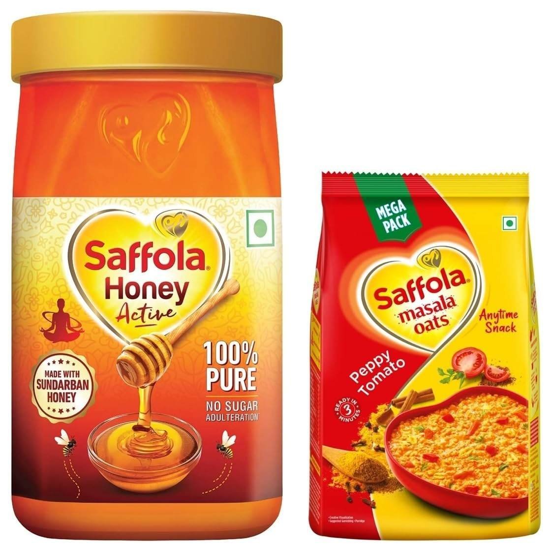 uk71fA91Hi5XL-1-1.jpg Saffola Honey Active, Made With Sundarban Forest Honey, 100% Pure Honey, No Sugar Adulteration, Natural Immunity Booster, 1Kg & Masala Oats, Peppy Tomato, 500G - Fast UK Delivery - Image 1