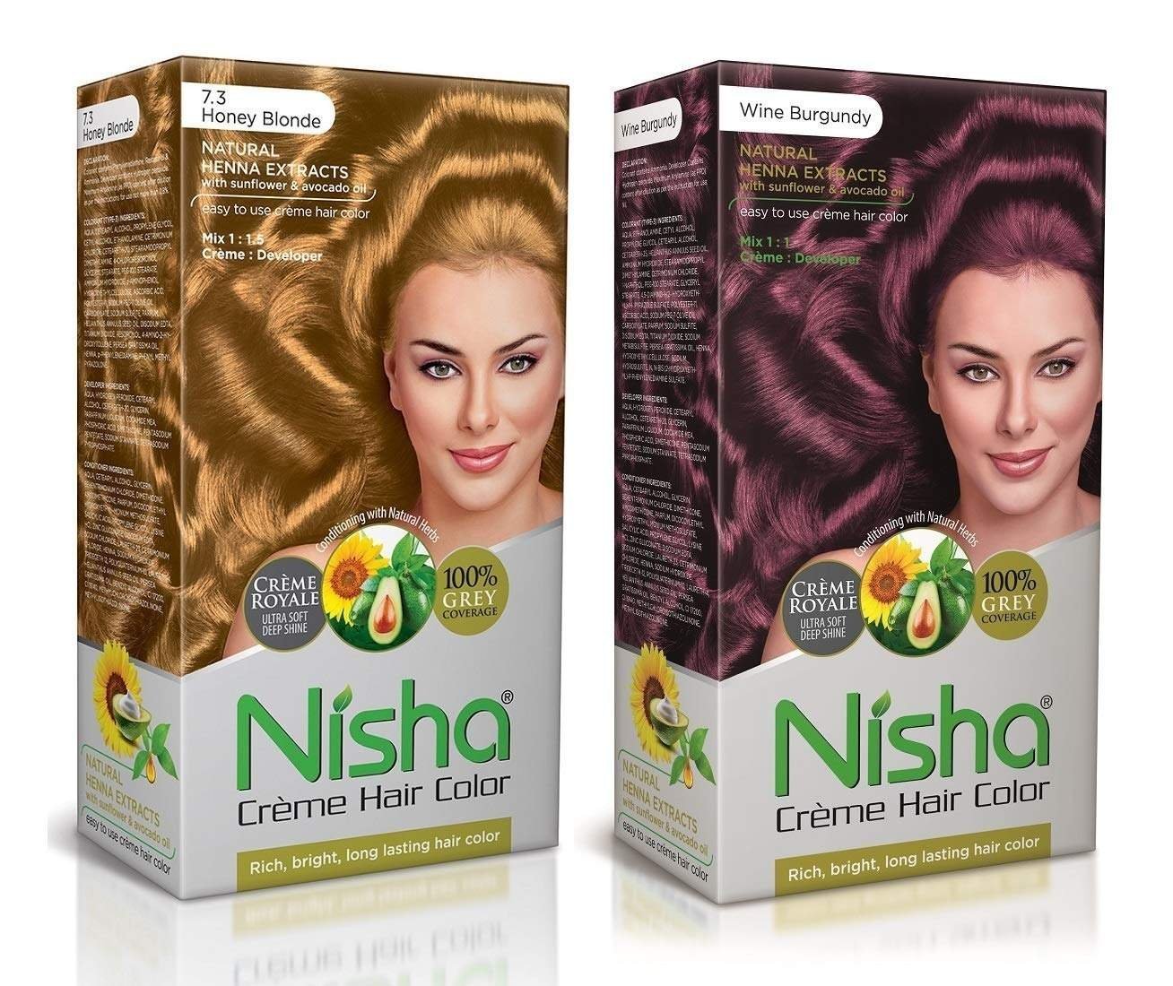 uk71fejqETbKL-1.jpg Nisha Cream Hair Color Rich Bright Long Lasting Hair Colouring For Ultra Soft Deep Shine 100% Grey Coverage Conditioning With Natural Herbs Honey Blonde and Wine Burgundy (Pack of 2) - Fast UK Delivery - Image 1