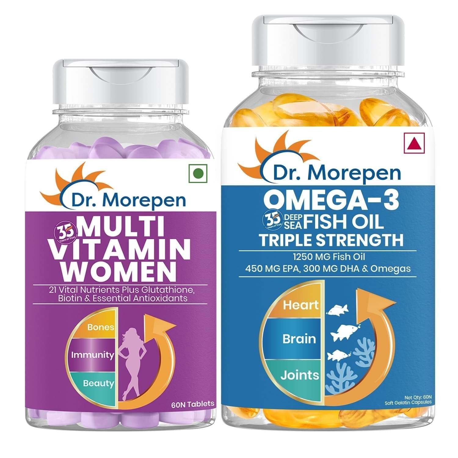 uk71havseELQL-1-1.jpg Dr. Morepen Multivitamin Women & Omega 3 Triple Strength with 21 Vital Nutrients Plus Glutathione Biotin & Essential Antioxidants, 450 MG EPA, 300 MG DHA & Omega, capsule - Fast UK Delivery - Image 1