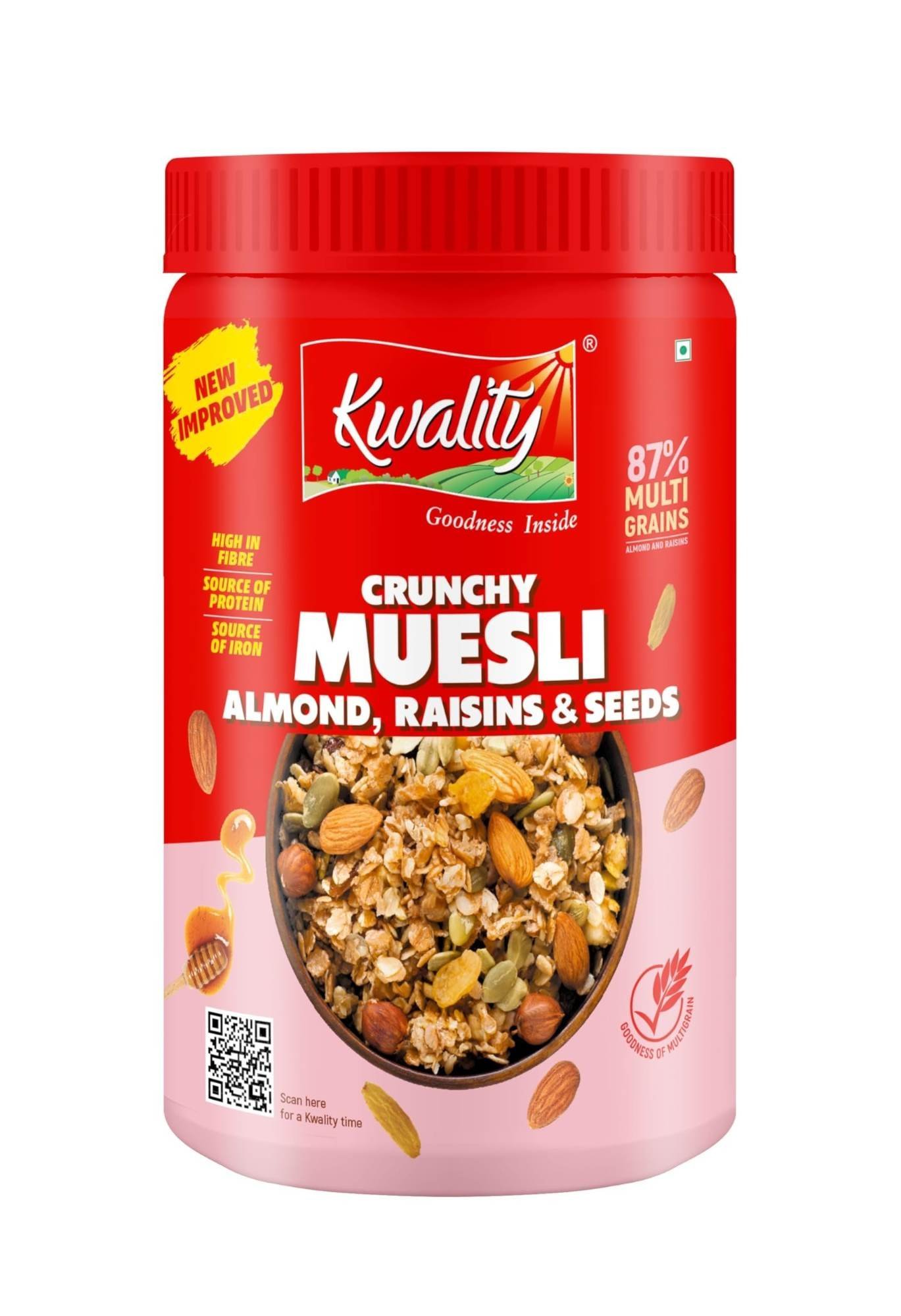 uk71hbGxfxUlL-1-1.jpg Kwality Muesli Crunchy Almond & Raisins 900g Jar, 86% Multi Grains, Natural Source of Vitamin & Iron, High in Protein & Fiber, Low Fat & Cholesterol-Free, Healthy Food & Breakfast Cereal - Fast UK Delivery - Image 1