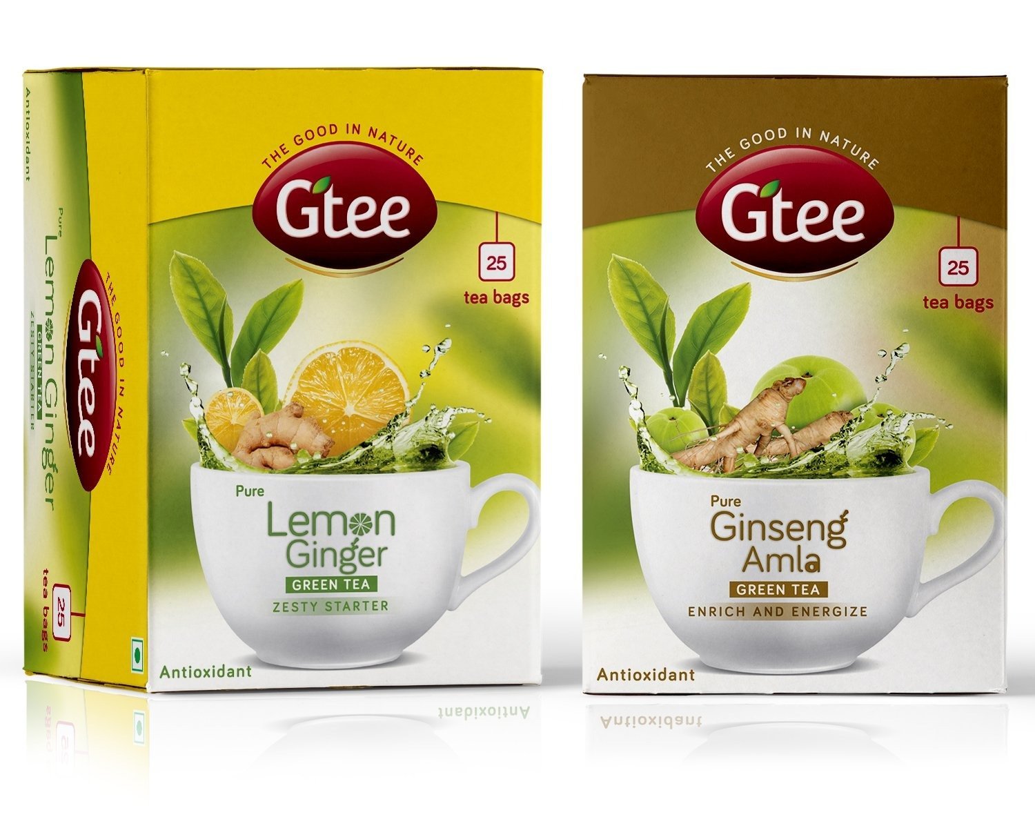 uk71htenEuP7L-1.jpg GTEE Green Tea Bags - Lemon & Ginger & Green Tea Bags - Ginseng, 25 Tea bags (Pack of 2) - Fast UK Delivery - Image 1