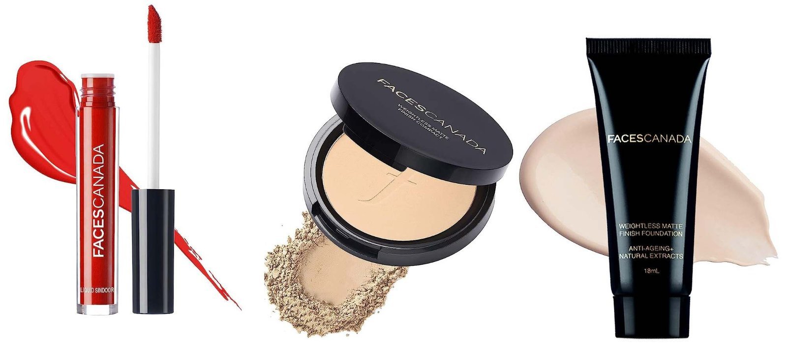uk71hxHwhWXdL-1.jpg FACESCANADA Weightless Stay Matte Compact Vitamin E & Shea Butter, Spf 20 Natural 02, 9 g & Weightless Matte Finish Foundation Mini 18 ml, Ivory 01 & Liquid Sindoor, Red, 2.5 ml - Fast UK Delivery - Image 1