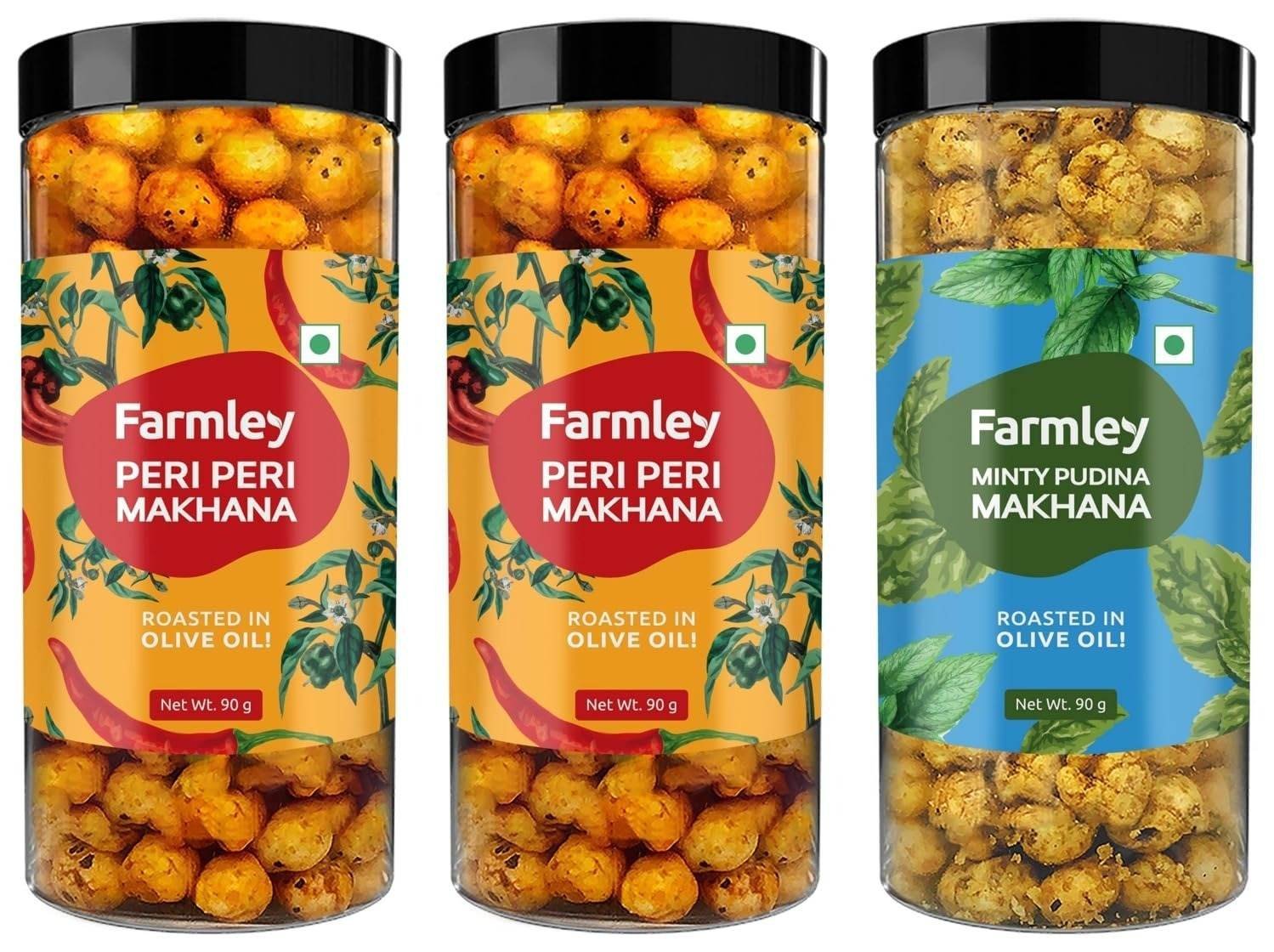 uk71jQBJ0vL-1.jpg Farmley Peri Peri Roasted & Flavored Makhana Jar 180 g (Pack of 2, Each 90 g) & Farmley Roasted & Flavoured Minty Pudina Healthy Makhana Snacks 90 gm - Fast UK Delivery - Image 1