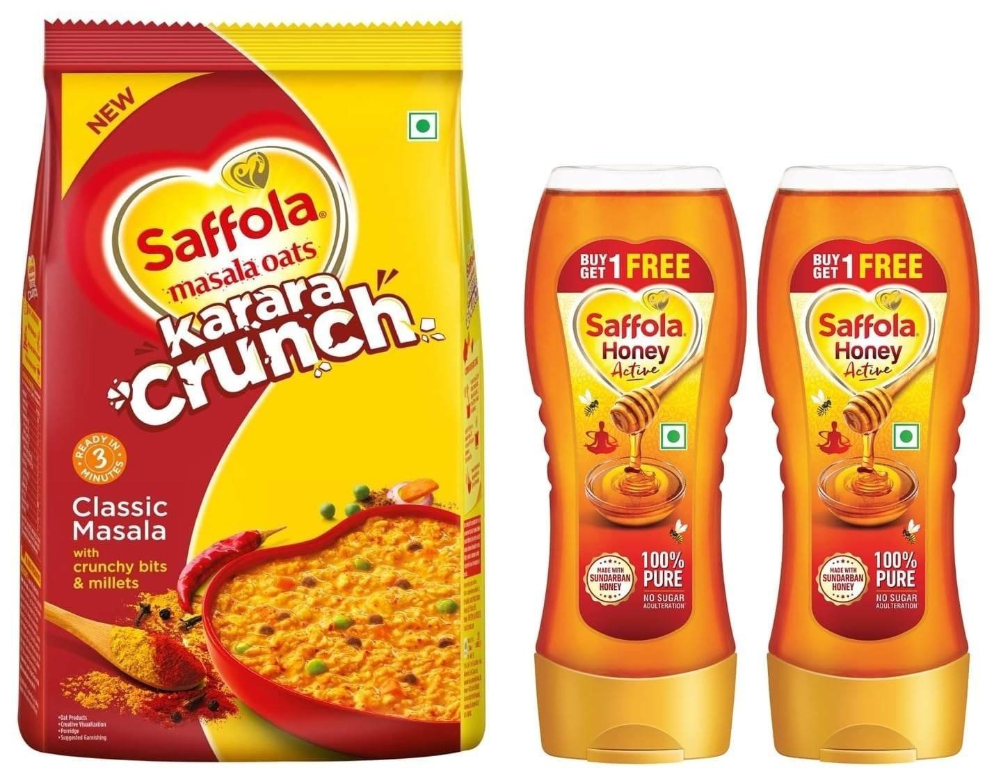 uk71jRFkYjgzL-1-1.jpg Saffola Honey Active, Made with Sundarban Forest Honey,2 x 350g & Saffola Masala Oats Karara Crunch, Classic Masala with Crunchy Bits and Millets, 500g - Fast UK Delivery - Image 1