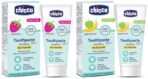 Chicco Toothpaste, Strawberry Flavour for 1Y to 6Y Bab (50g)&Chicco Toothpaste, Applebanana Flavour for 6m to 6Y Baby, Fluoride-Free, Preservative-Free,Cavity Protection (50 Millilitre) - Fast UK Delivery