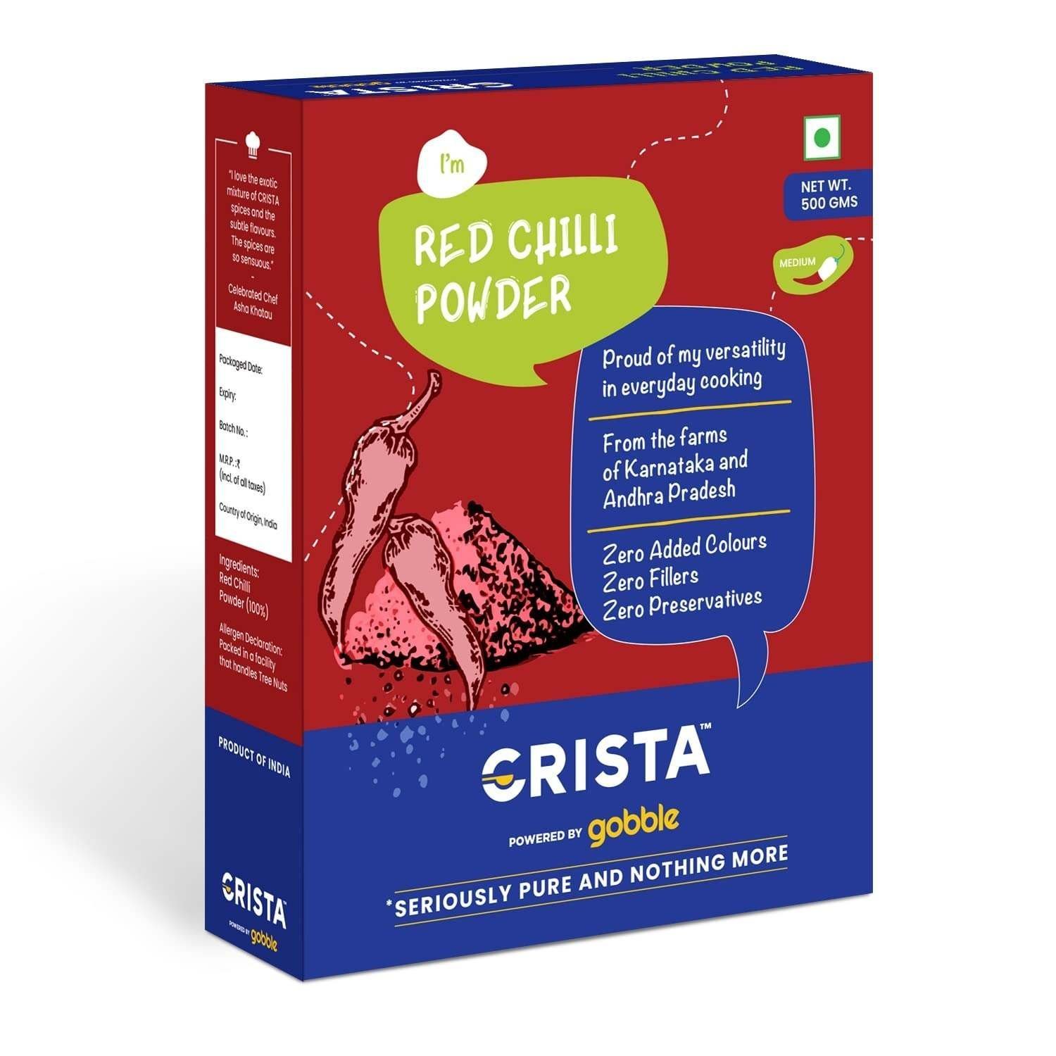 uk71nal0PGPeL-1-1.jpg CRISTA Red Chilli Powder | Laal Mirch Powder with Natural Oils | Zero added Colours, Fillers, Additives & Preservatives | Medium Spicy Grade | 500 gms - Image 1