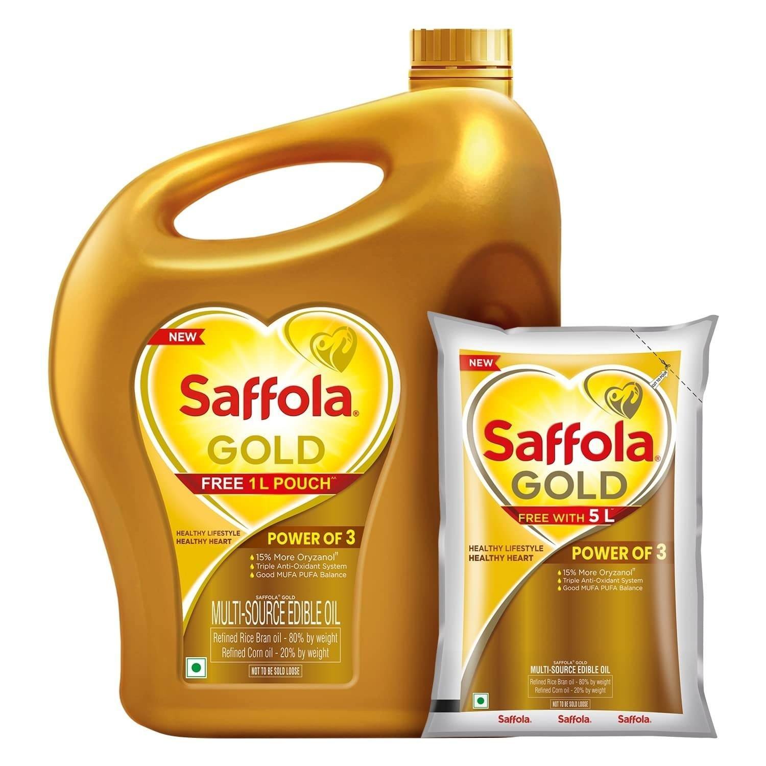 uk71p9lbMmS6L-1-1.jpg Saffola Gold Refined Cooking oil | Power of 3 - Balance of Good Fats, Triple Anti-Oxidant System & Fortified with Vitamins | Multi-Source Edible Rice Bran & Corn Oil | 5 Litre Jar + 1L Pouch - Fast UK Delivery - Image 1